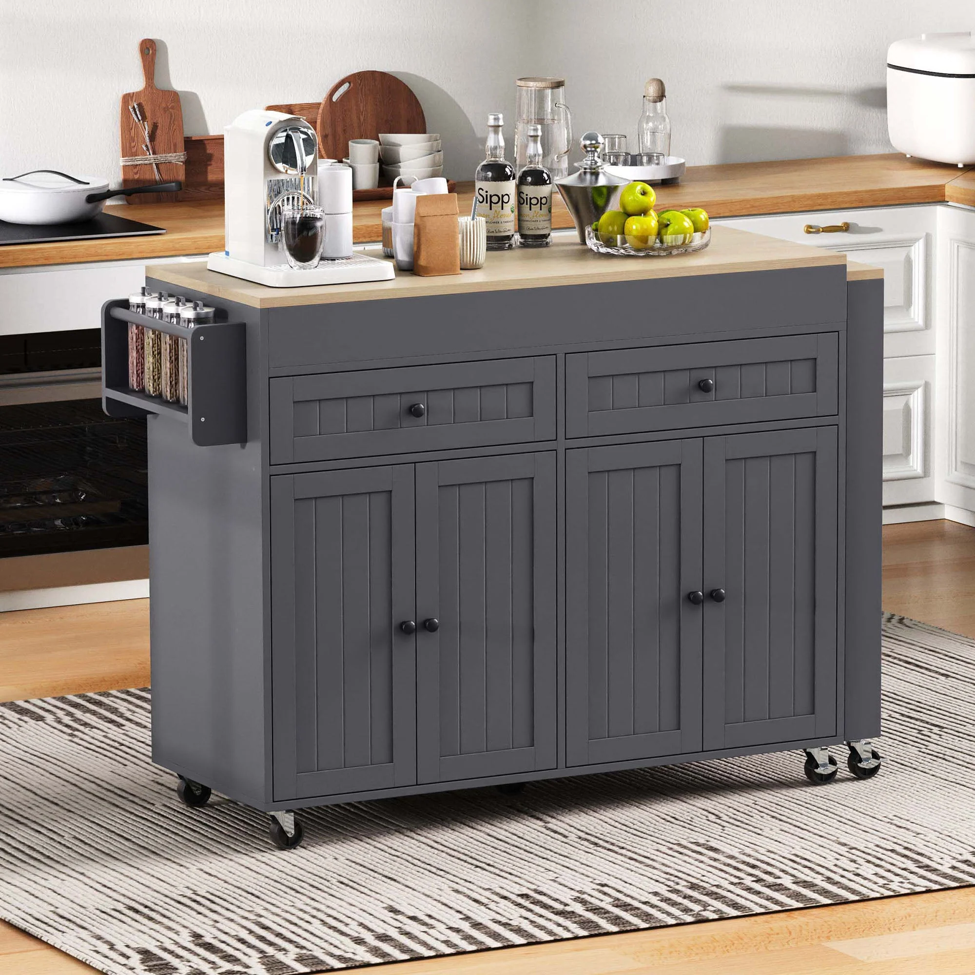 Kitchen Island, Extendable Dining Area Worktop & Drawers, Mobile Freestanding, Gray + Natural - Image 3