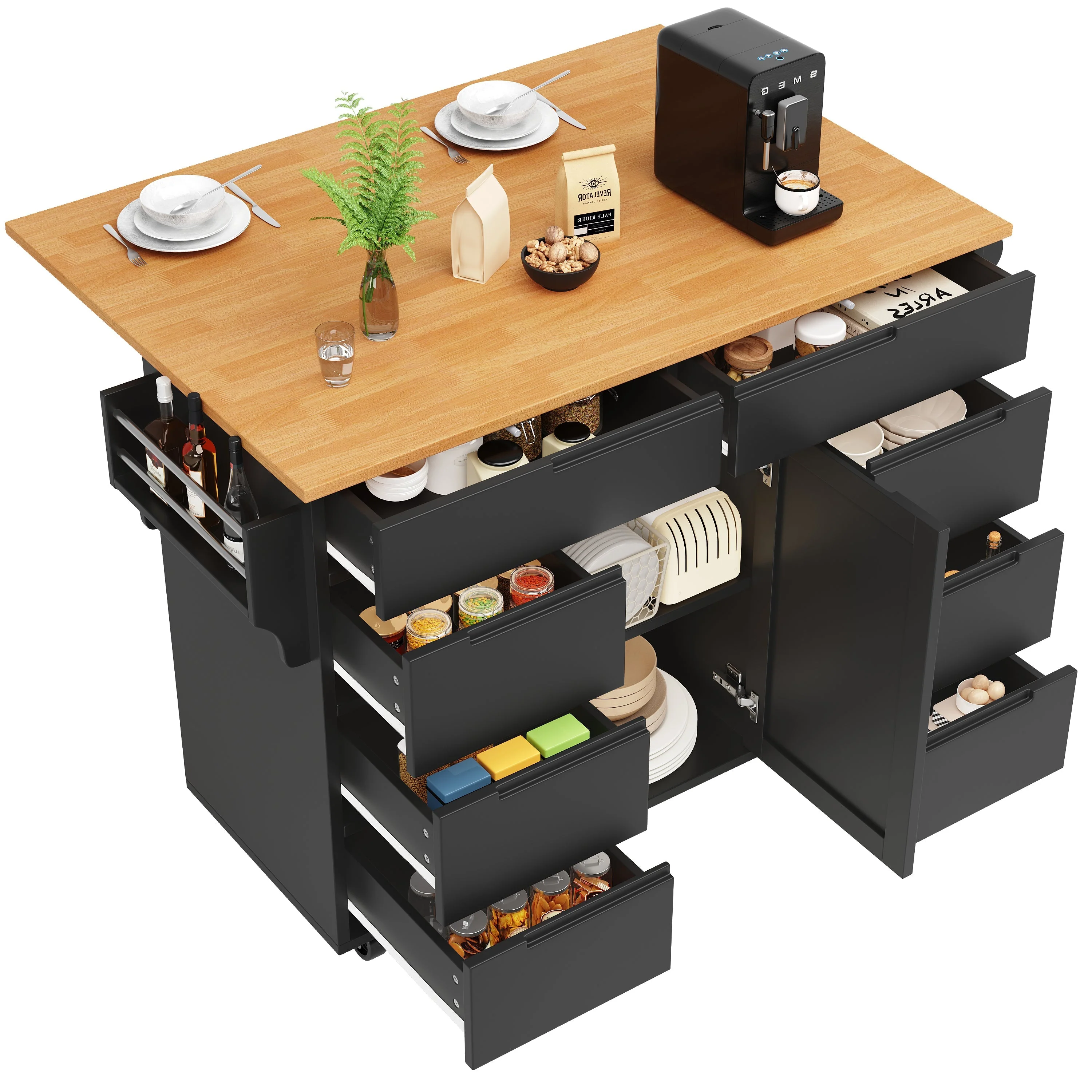 Kitchen Island Extendable Mobile Worktop 8 Drawers Spice Rack - Black - Image 7