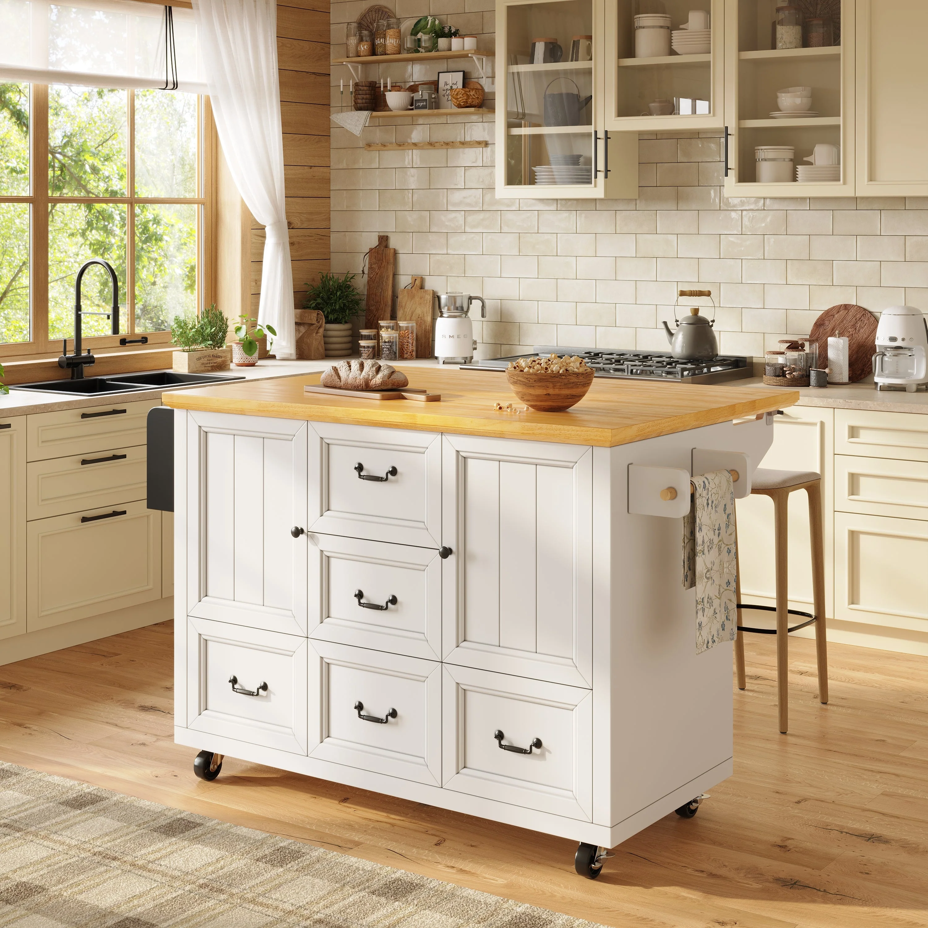 Kitchen Island Extendable Trolley 5 Drawers Towel/Spice Rack - White/Black - Image 4