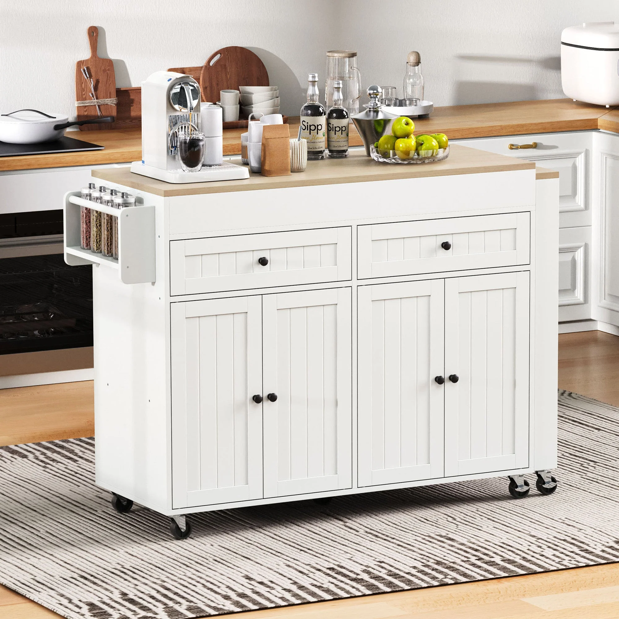 Kitchen Island, Extendable with Worktop & Drawers, Mobile, White+Natural - Image 3