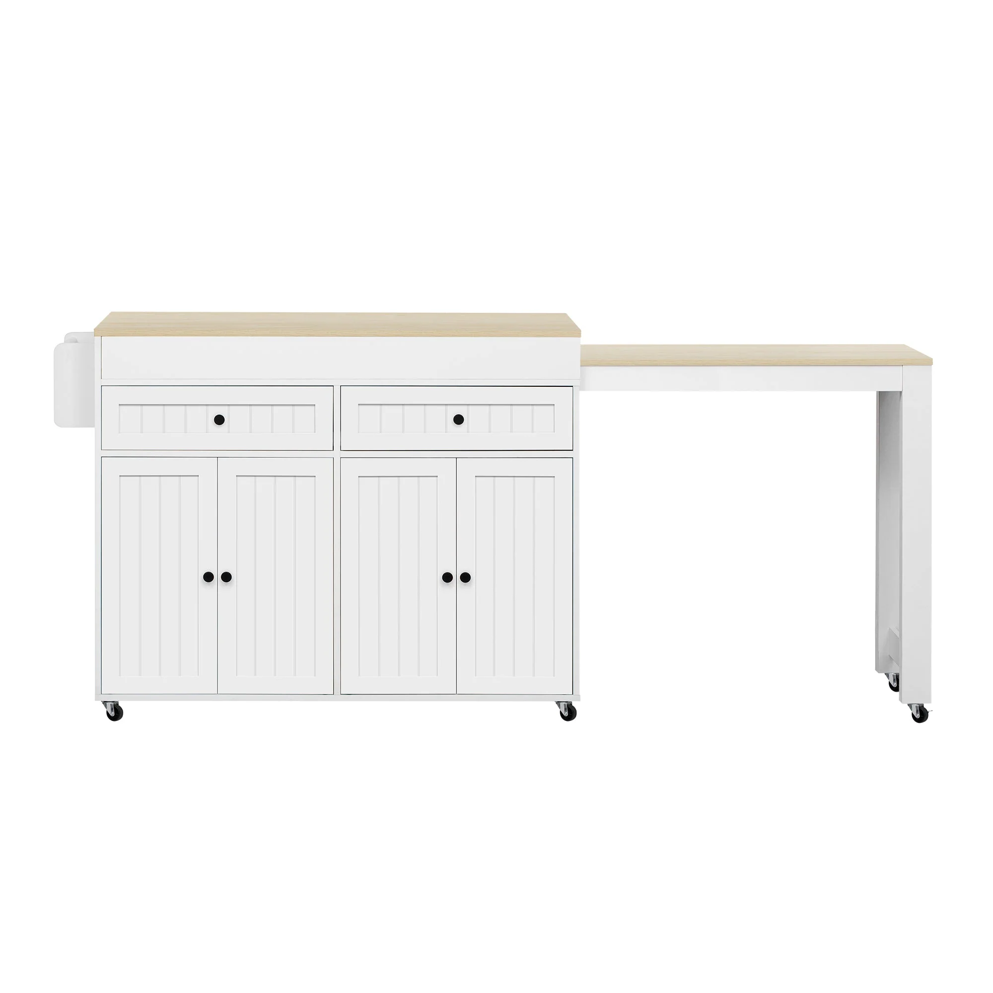 Kitchen Island, Extendable with Worktop & Drawers, Mobile, White+Natural - Image 9