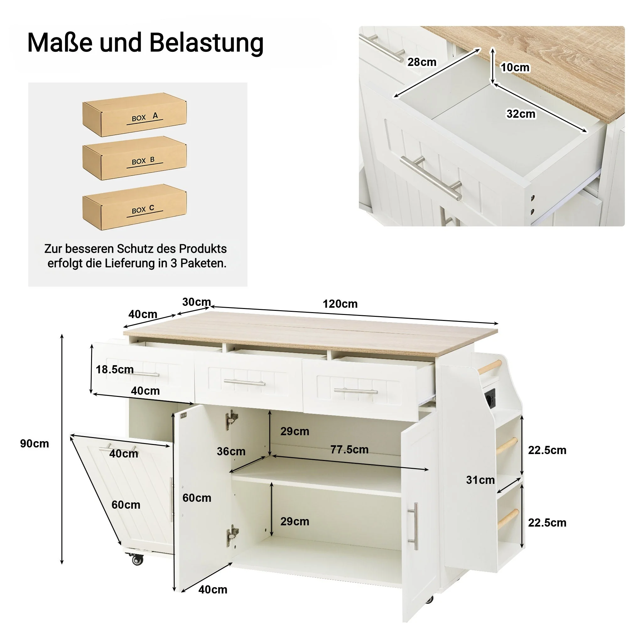 Kitchen Island Extendable Worktop Waste Bin Power Strips Mobile - Image 10