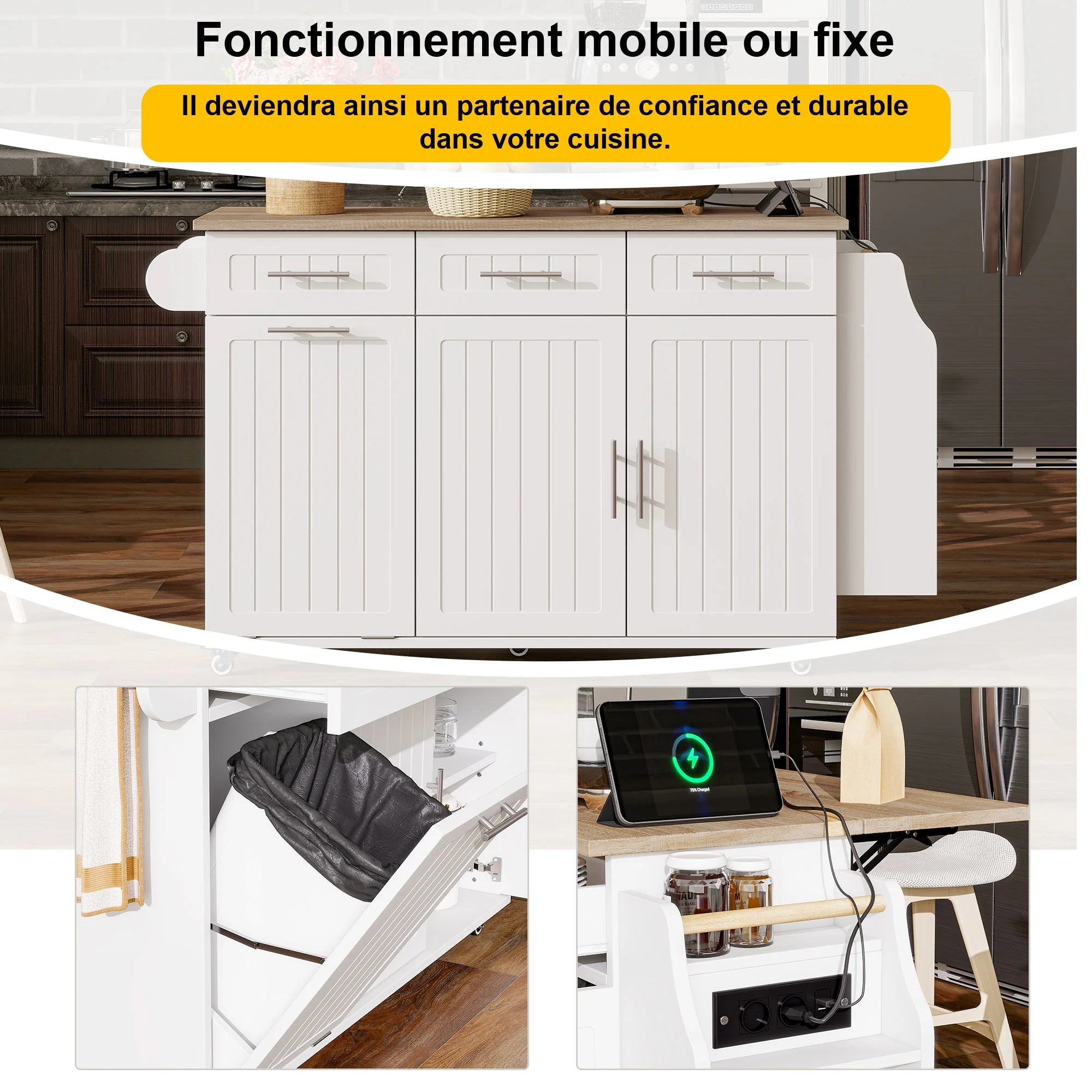 Kitchen Island Extendable Worktop Waste Bin Power Strips Mobile - Image 2