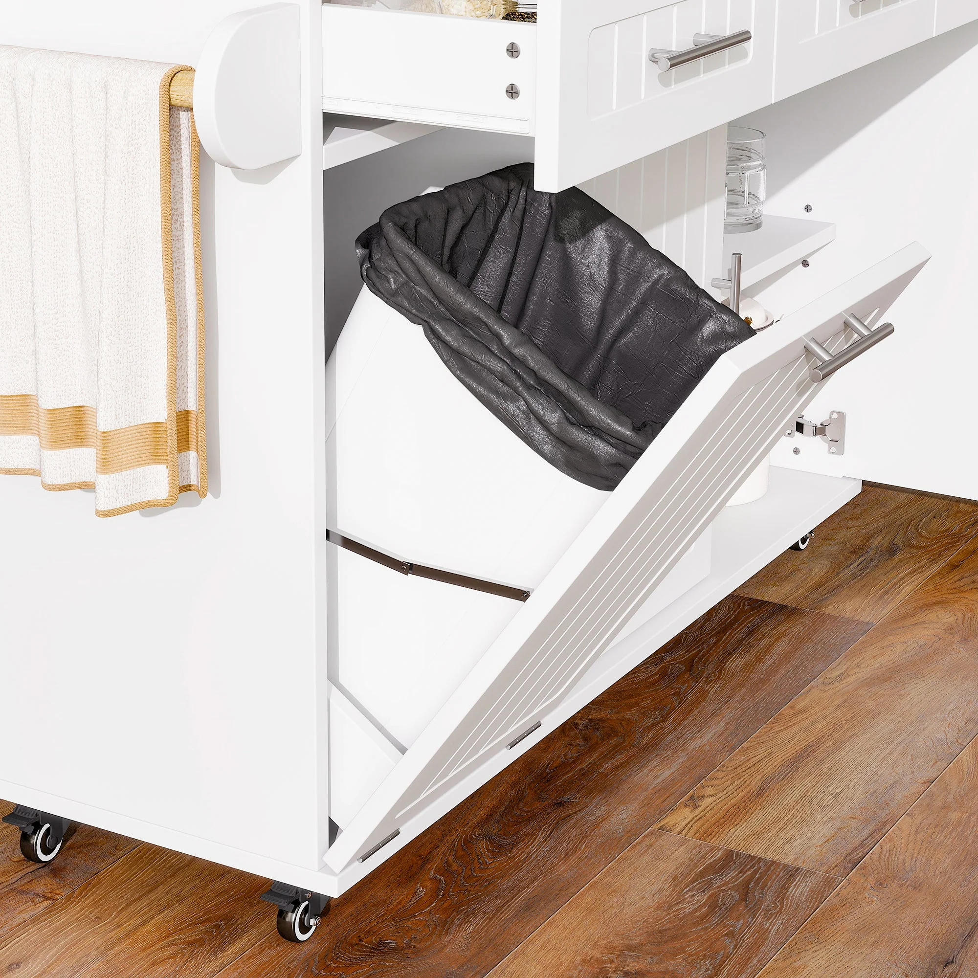 Kitchen Island Extendable Worktop Waste Bin Power Strips Mobile - Image 3