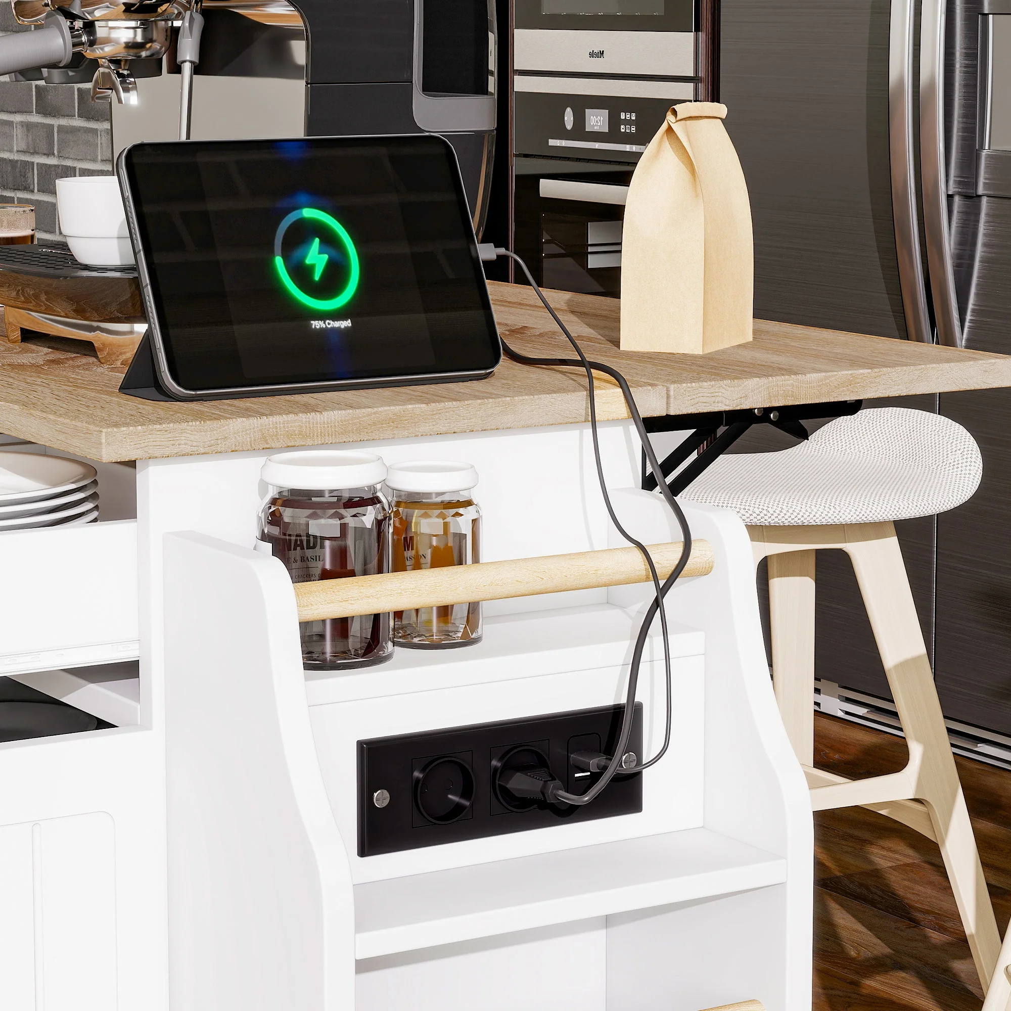 Kitchen Island Extendable Worktop Waste Bin Power Strips Mobile - Image 4