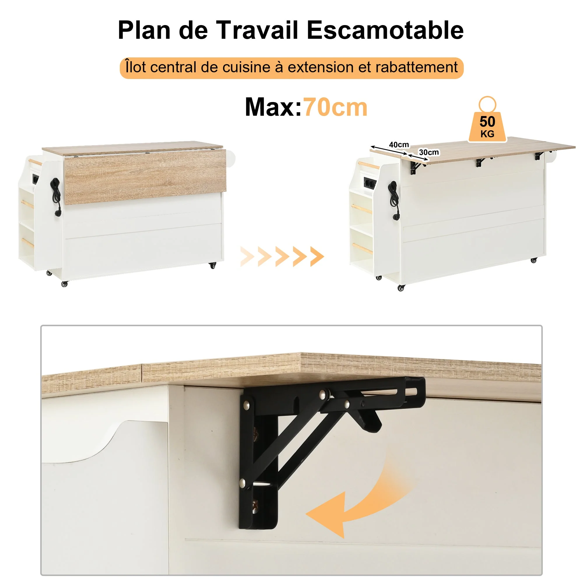 Kitchen Island Extendable Worktop Waste Bin Power Strips Mobile - Image 5