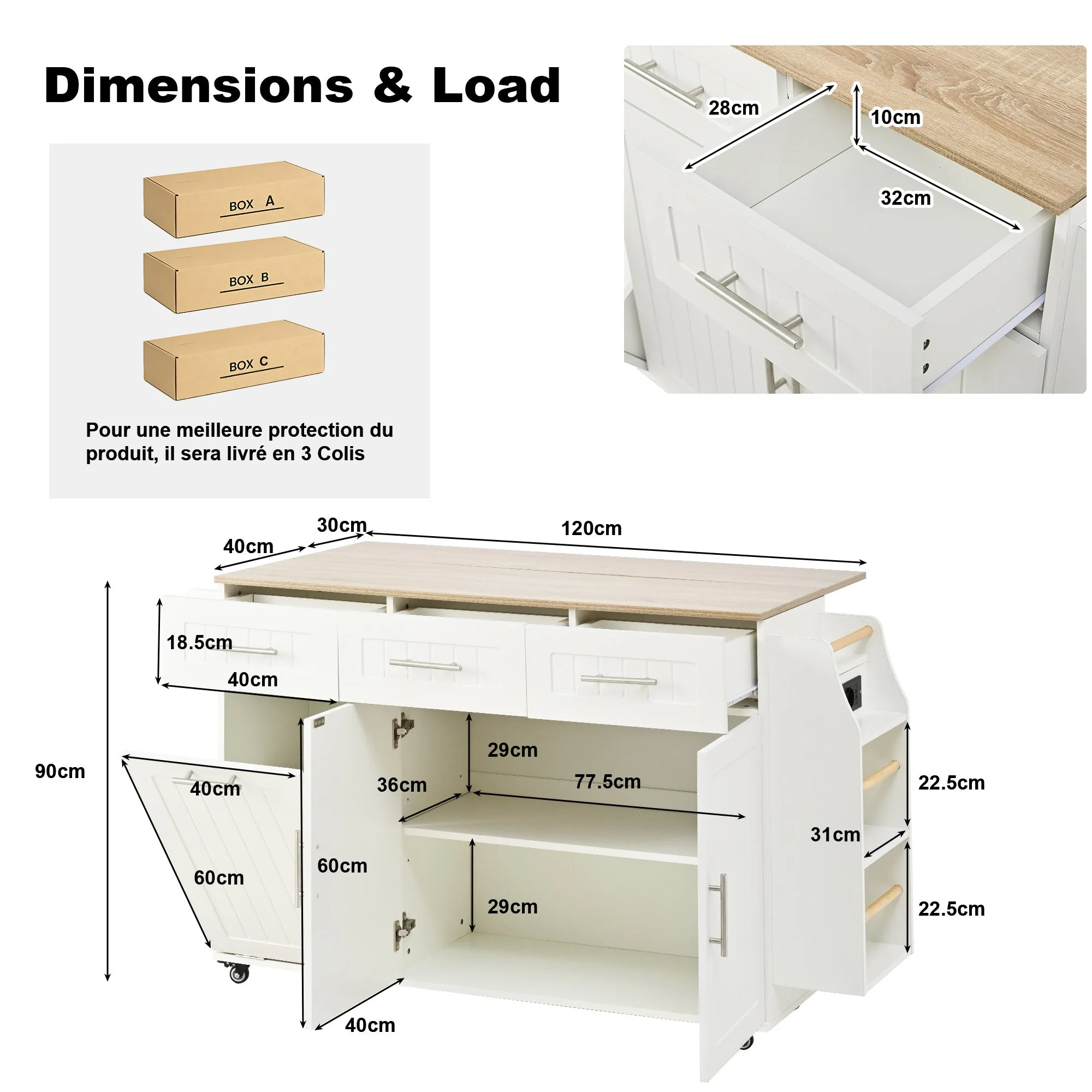 Kitchen Island Extendable Worktop Waste Bin Power Strips Mobile - Image 6