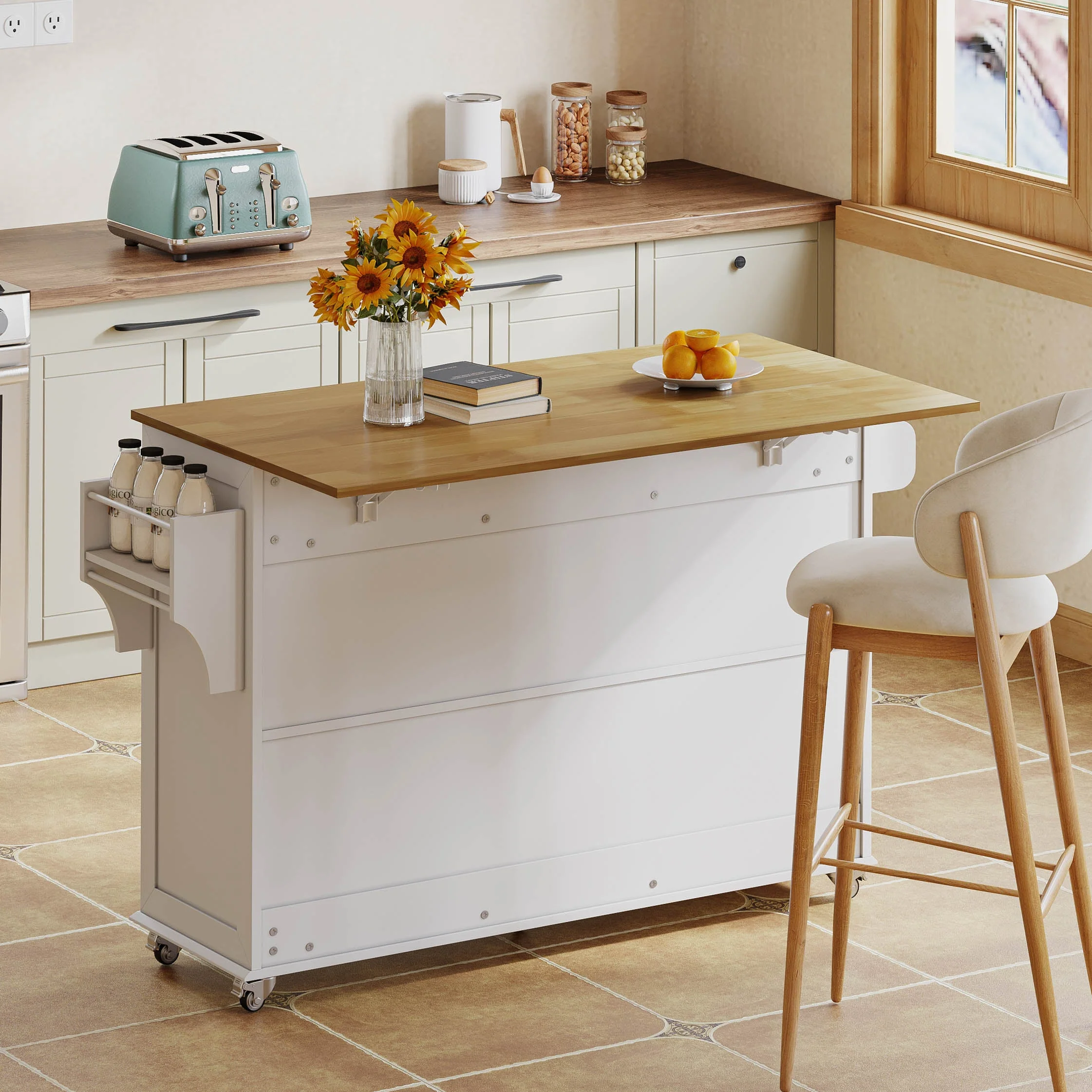 Kitchen Island Fold-Down Worktop 4 Doors 3 Drawers Barn Style with Casters - White - Image 4