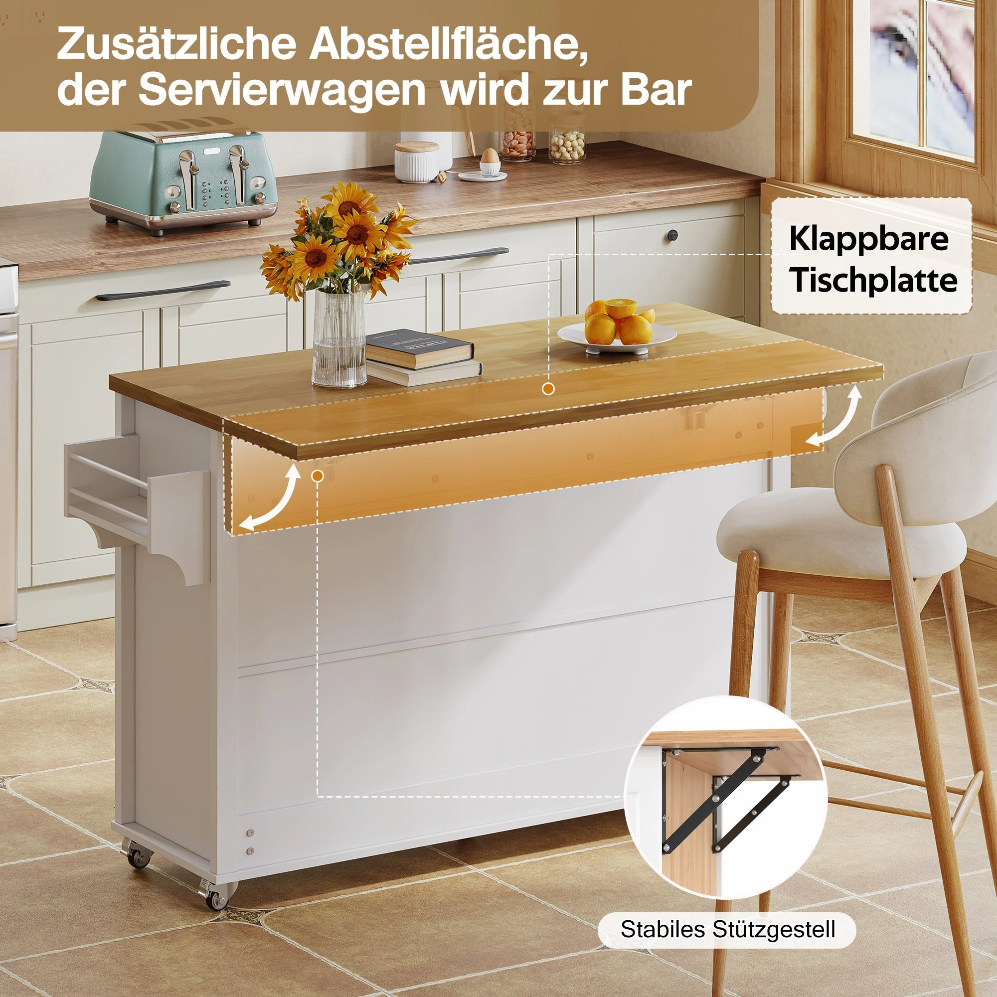 Kitchen Island Fold-down Worktop, 4 Doors 3 Drawers, White - Image 7