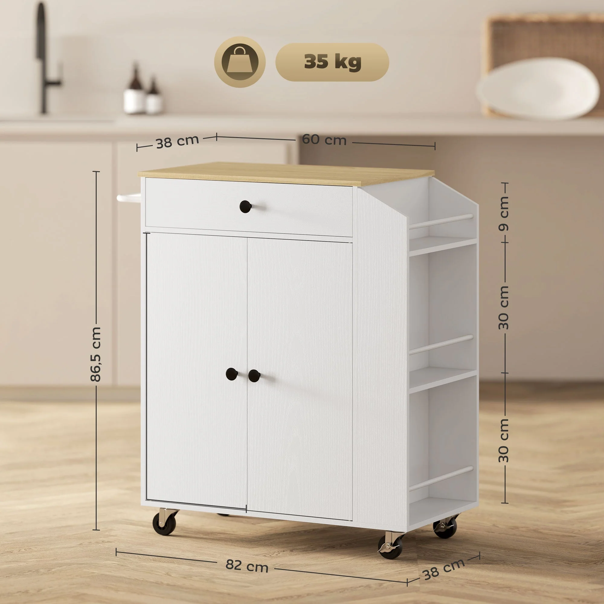 Kitchen Island Kitchen Trolley on Wheels with Worktop, Drawer, Cabinet, Spice Rack, Towel Rail, White - Image 3