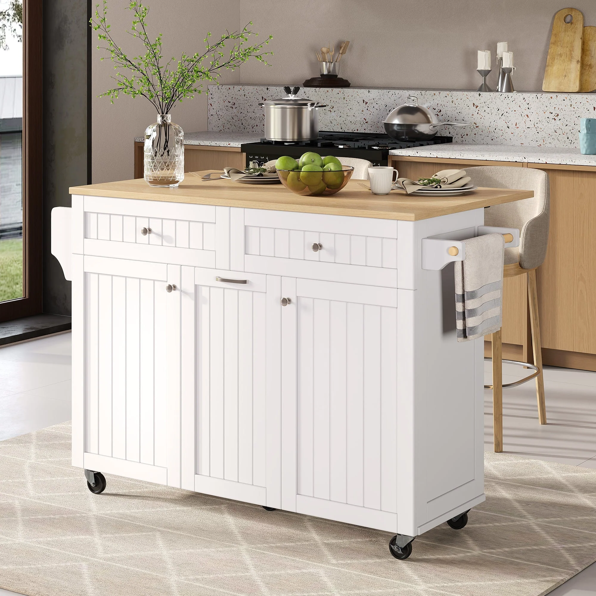Kitchen Island Mobile Extendable Dining Area Drawers - White - Image 2