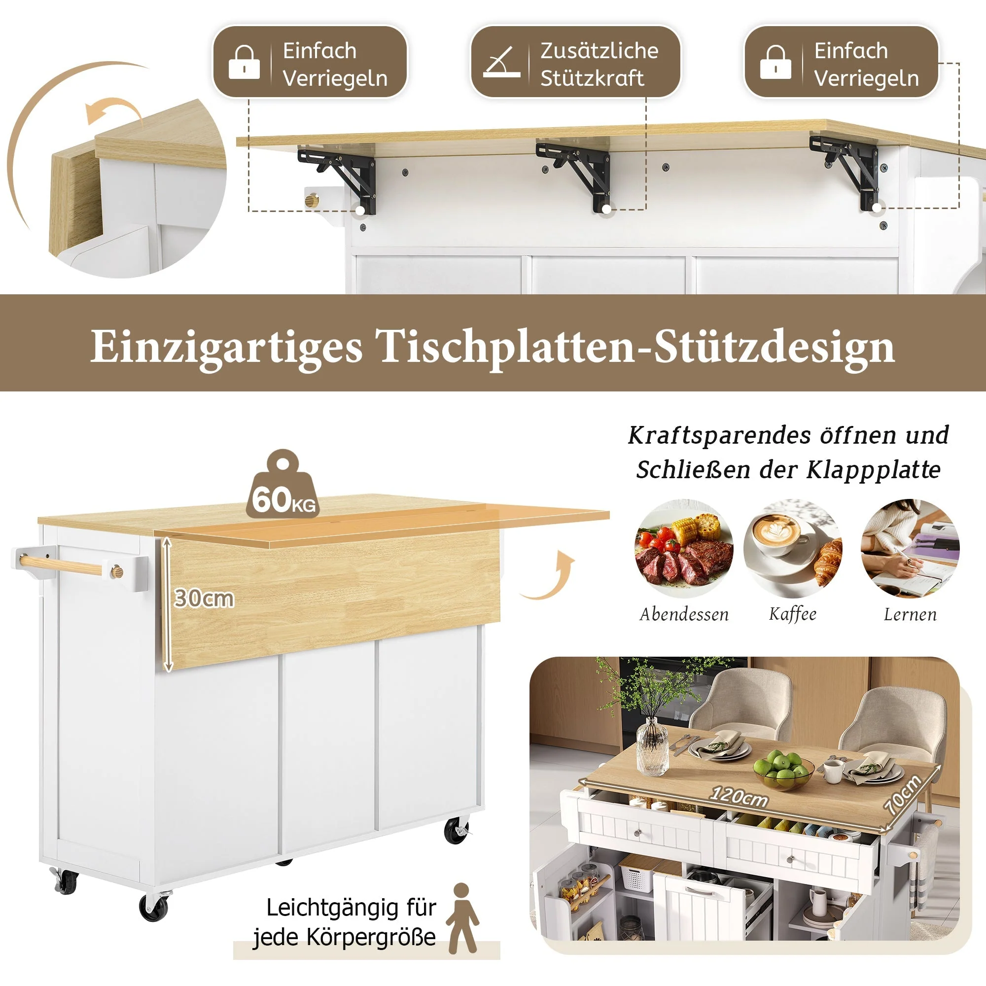 Kitchen Island Mobile Extendable Dining Area Drawers - White - Image 6