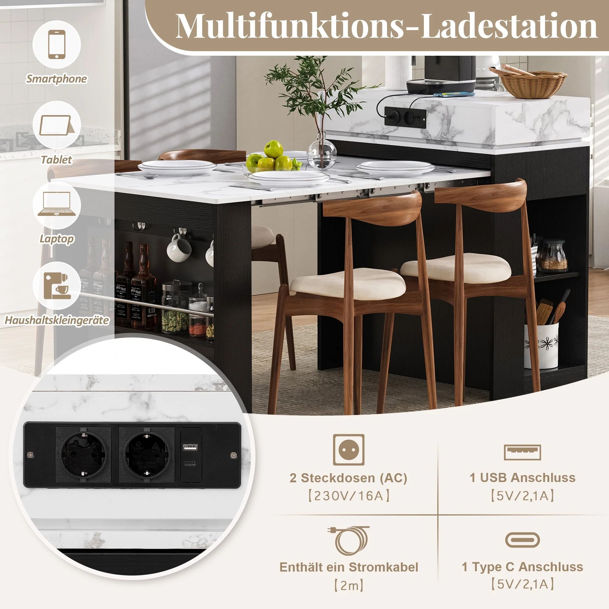 Kitchen Island Mobile Extendable Folding Table Power Strips - Black - Image 9
