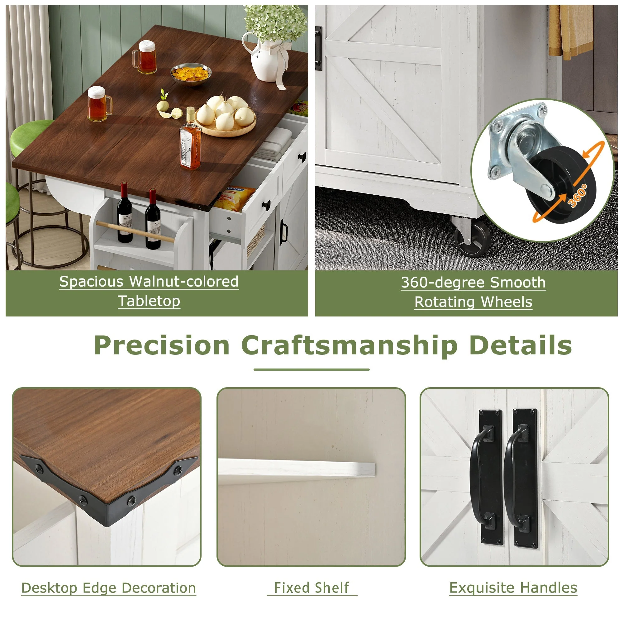 Kitchen Island Mobile Extendable Worktop 2 Sliding Doors 3 Drawers - Wood Grain - Image 5