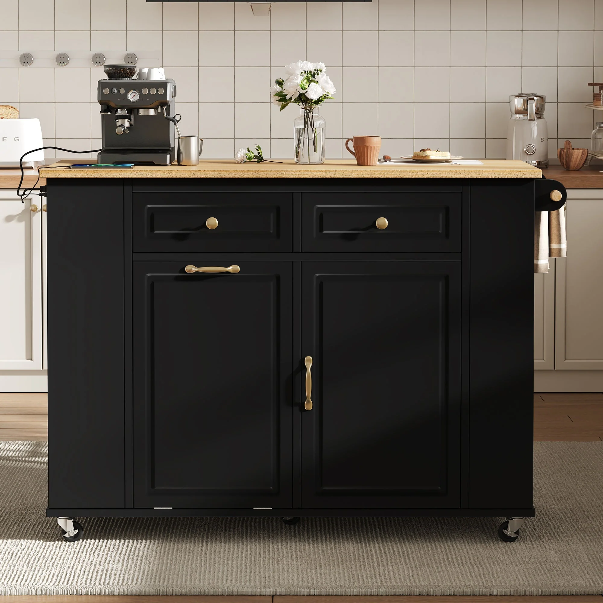 Kitchen Island Mobile Serving Cart Extendable Table Wheels Waste Bin Power Strips Black - Image 2