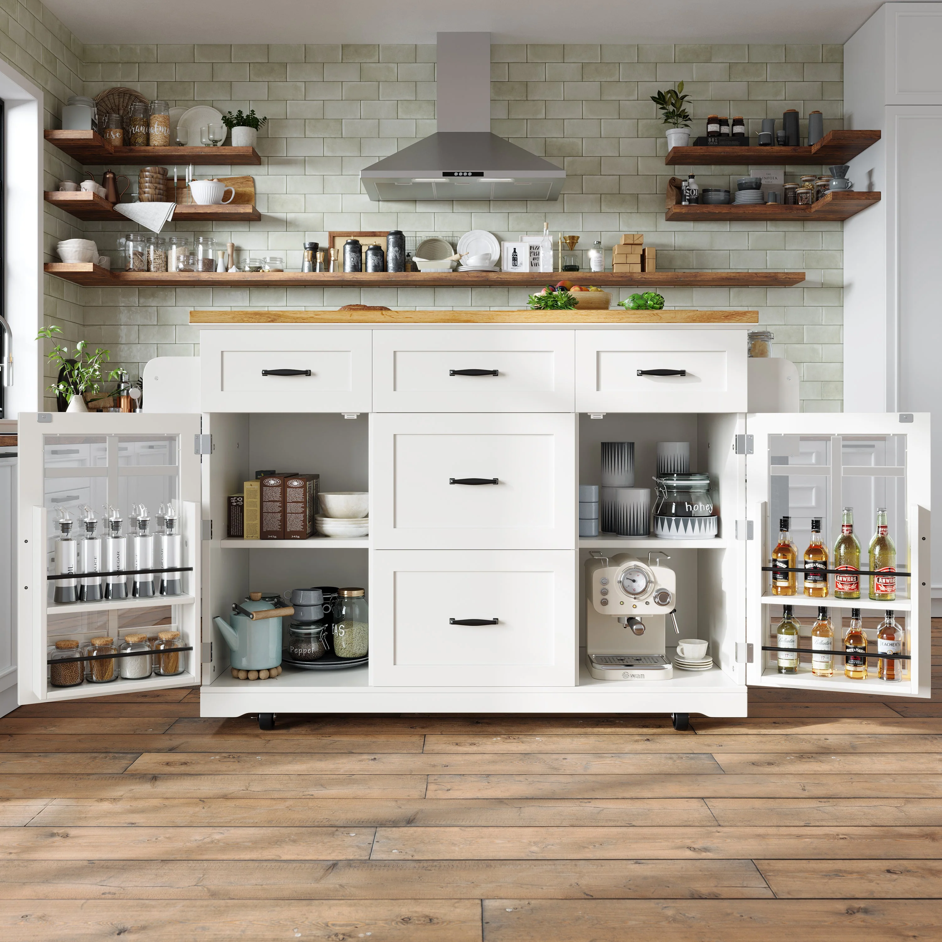 Kitchen Island, Mobile Serving Trolley with 2 Doors, 5 Drawers & Adjustable Shelves, White - Image 2