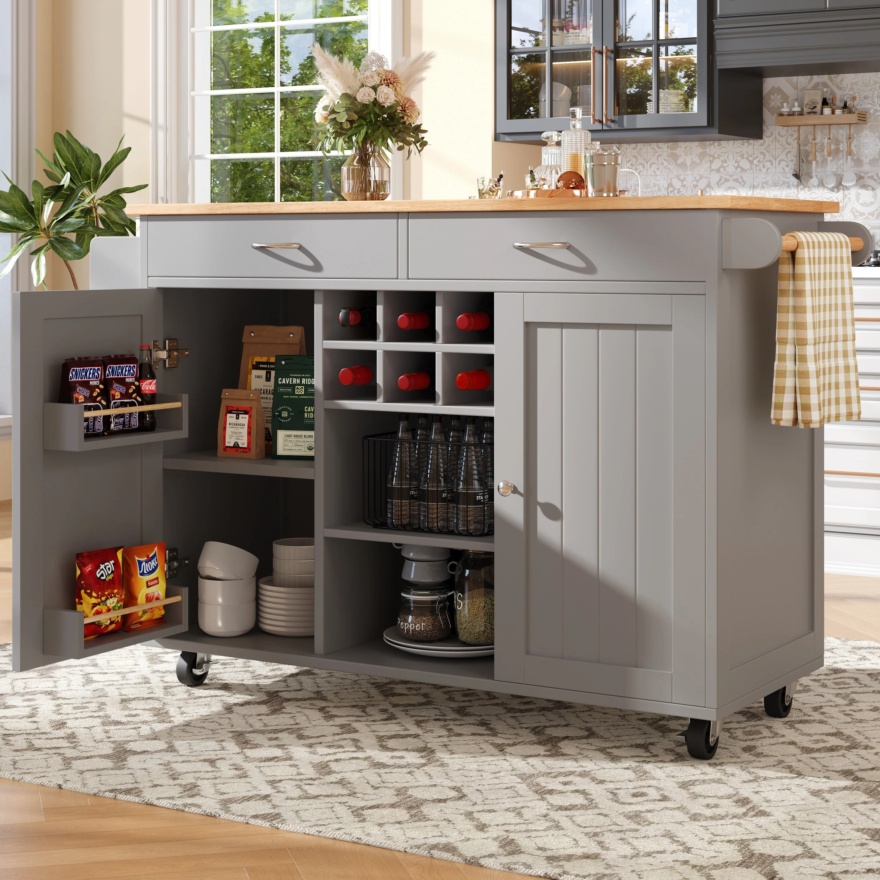 Kitchen Island Multifunctional Dining Table Storage Wood Grain - Grey - Image 2