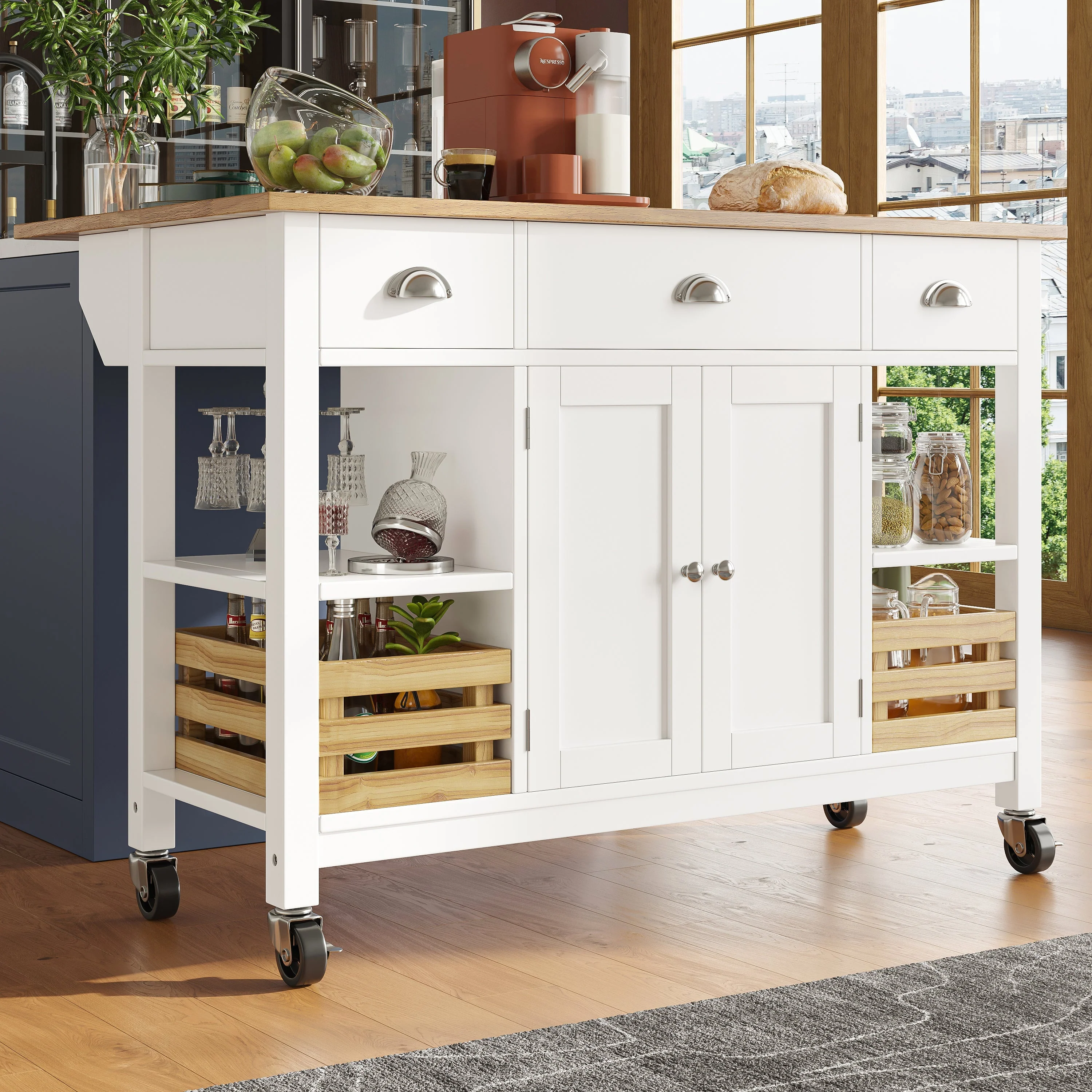Kitchen Island Multifunctional Dining Table Trolley Cabinet Pine Storage Basket 120x45x90cm - White - Image 3