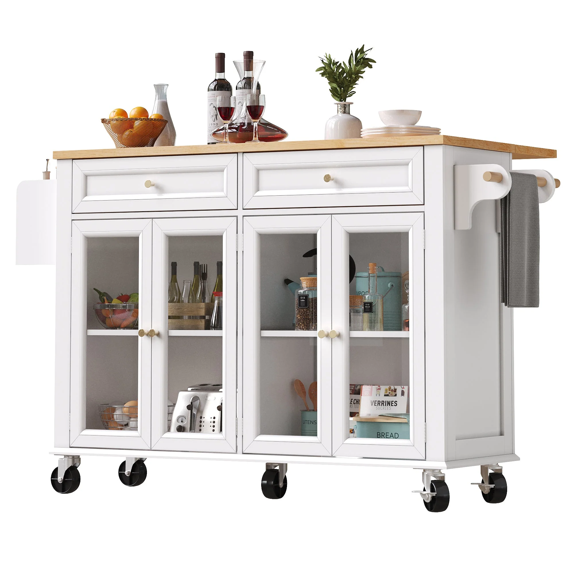 Kitchen Island Multifunctional with Wheels Glass Doors, White - Image 6