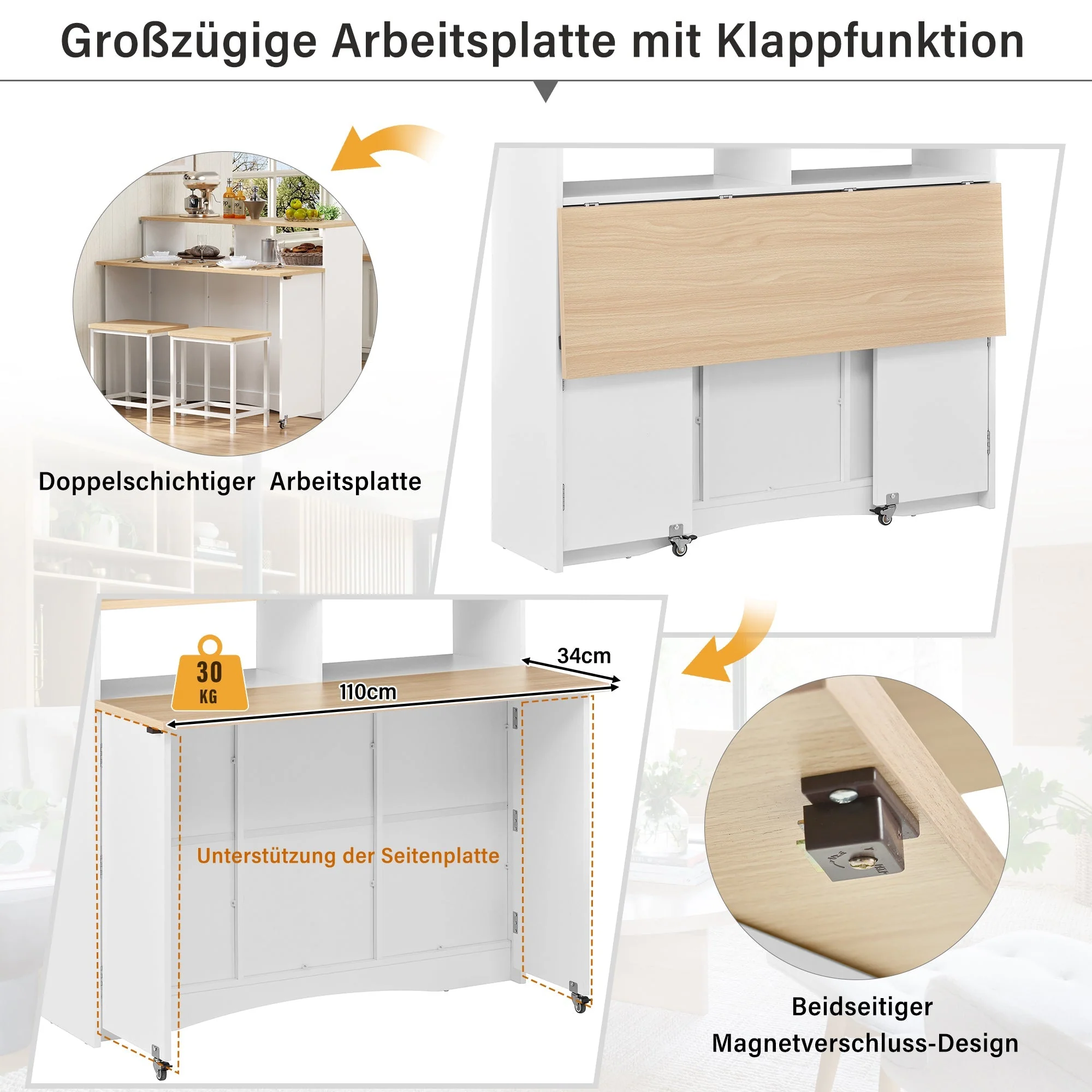 Kitchen Island on Wheels Extendable Dining Area Storage with Chairs - White - Image 6