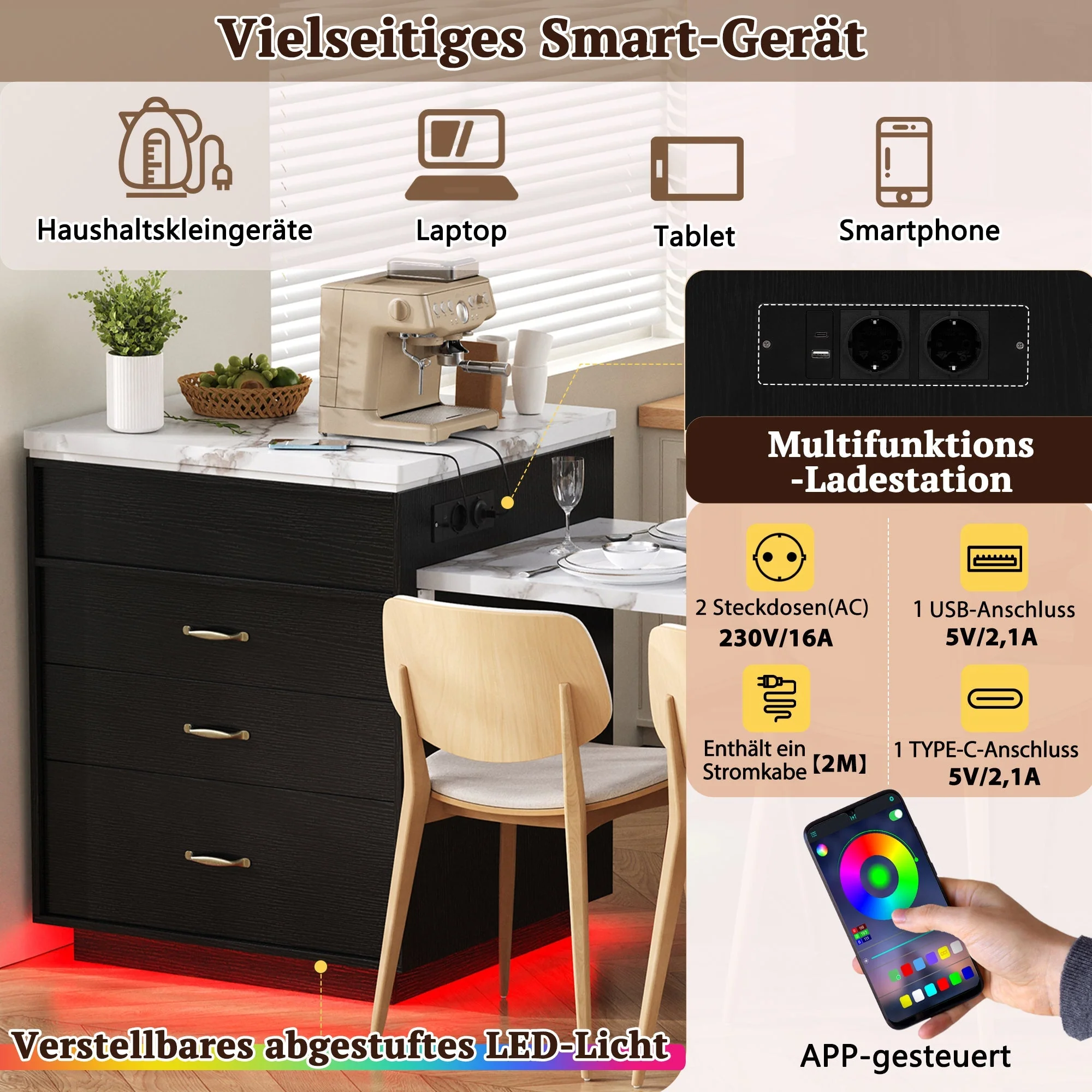 Kitchen Island on Wheels Extendable Table with LED & Power Strips Black - Image 9