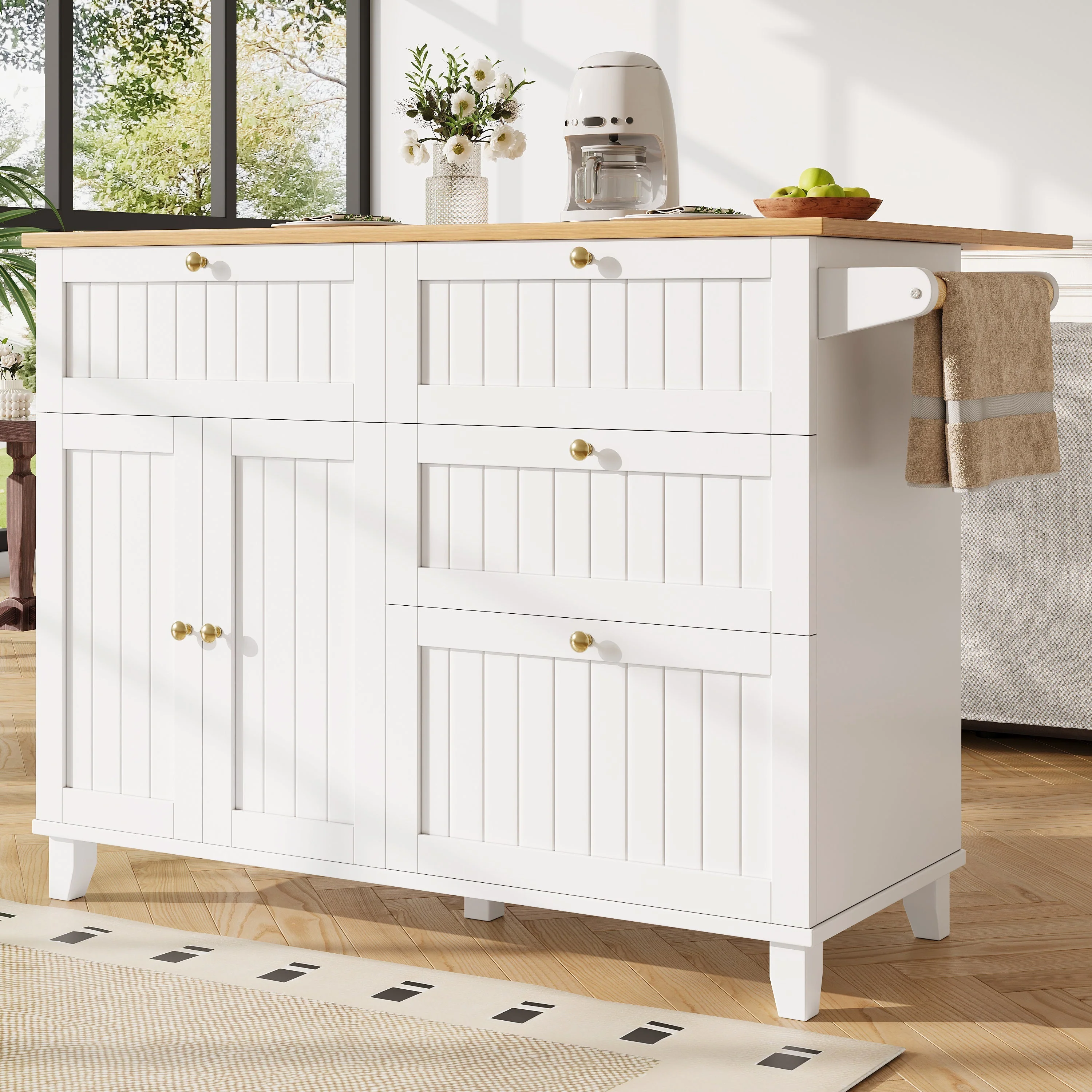 Kitchen Island, Rolling Mobile with Drawer and Storage Cabinet, Drop Leaf, Breakfast Bar, Towel Rack, White - Image 2