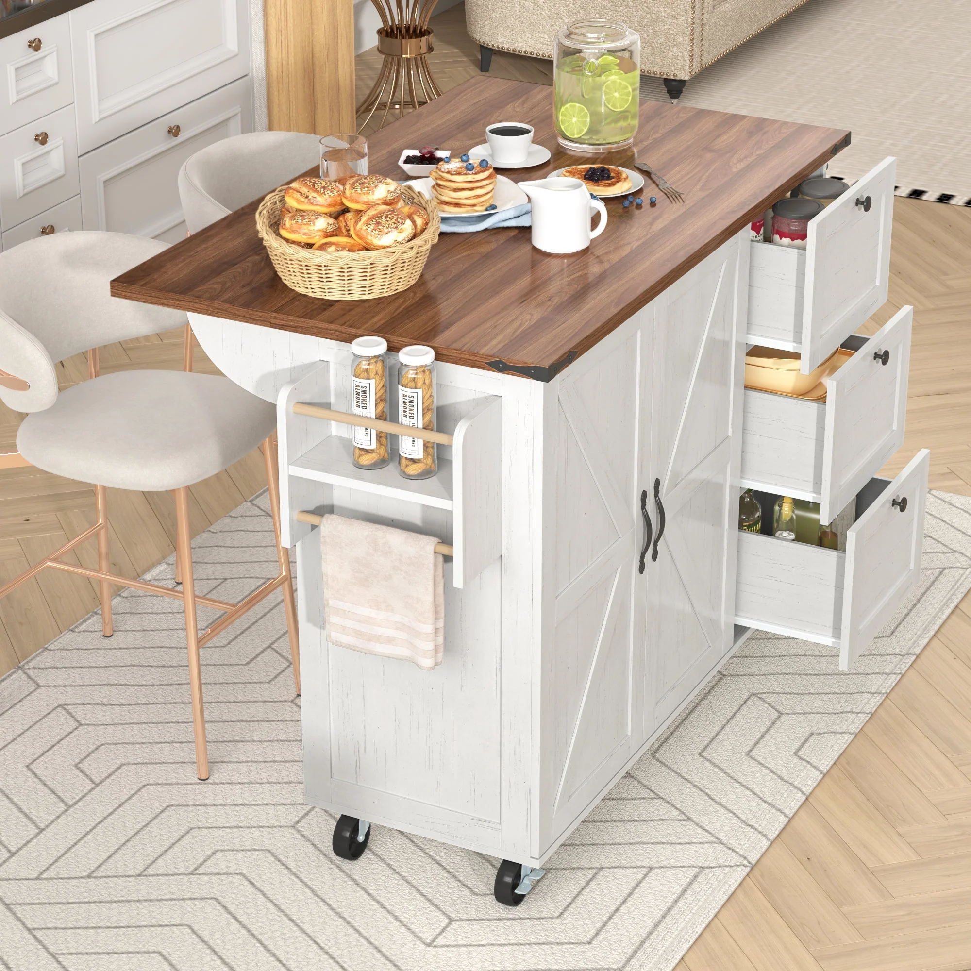 Kitchen Island Serving Cart with Extendable Worktop and Wood Grain, Two Doors and Three Drawers - Image 5