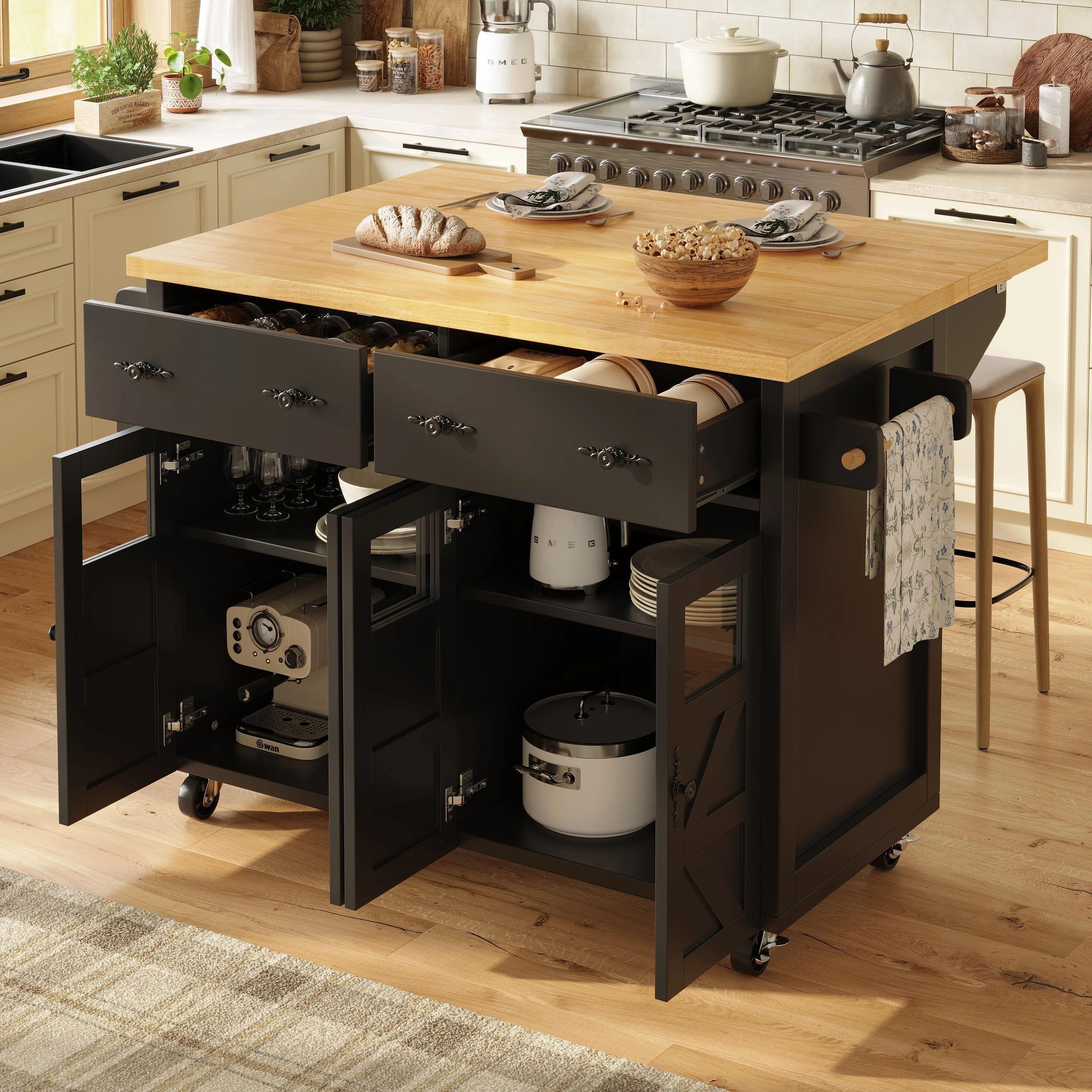 Kitchen Island Serving Trolley with Ample Storage and Adjustable Shelves, Black