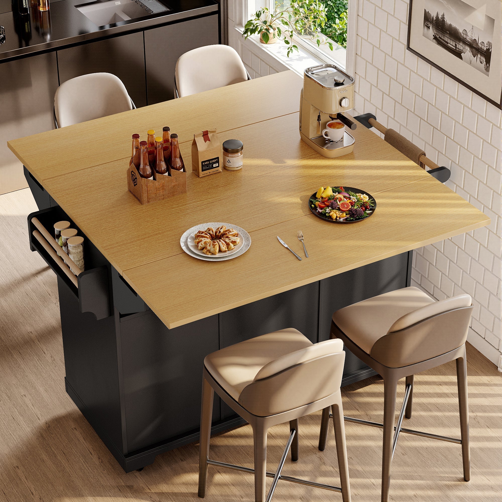 Kitchen Island Sideboard 120cm Extendable Trolley Towel Rail Spice Rack 2 Doors 3 Drawers Black/White - Image 2
