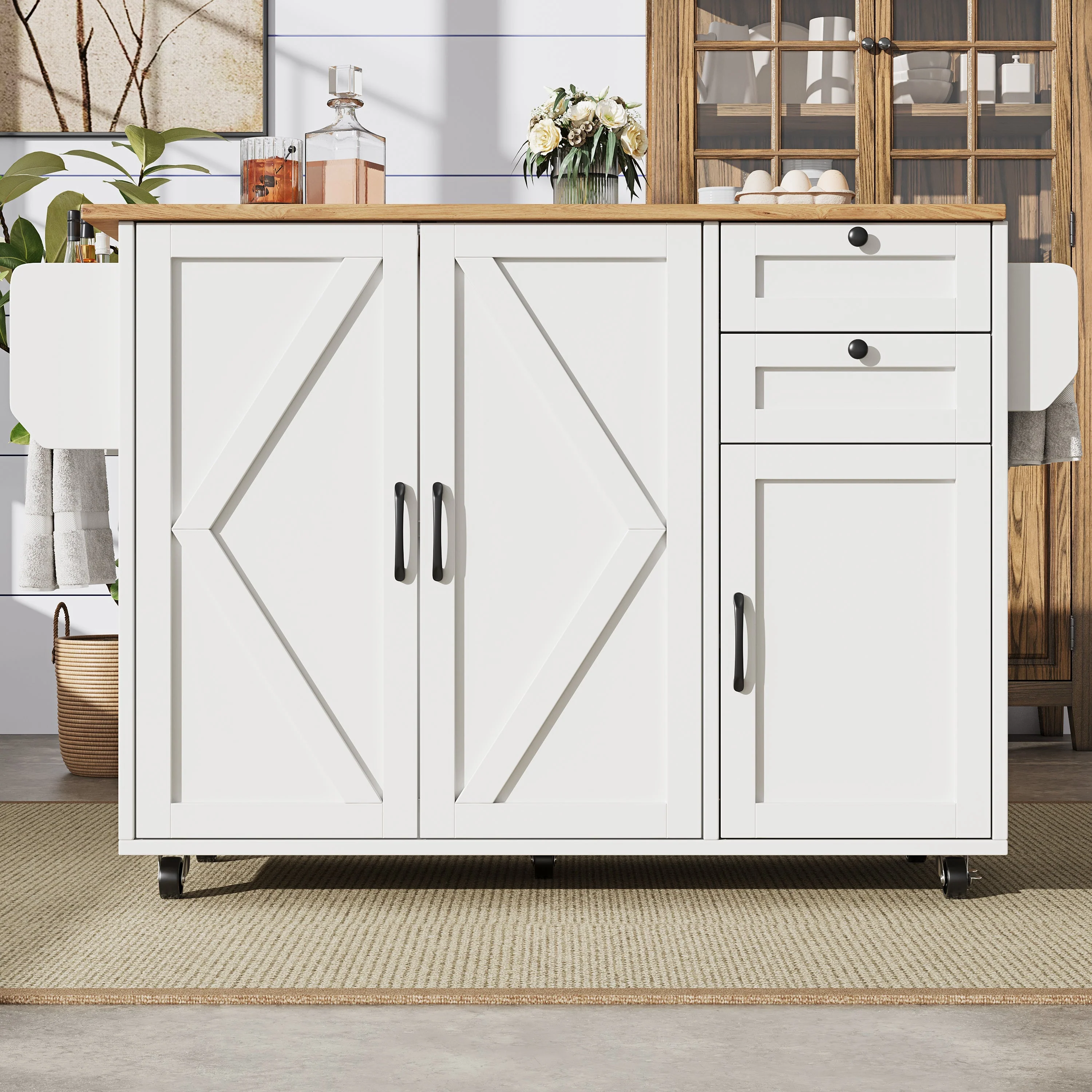 Kitchen Island Sideboard Multifunctional Dining Table Storage Wood Grain - White - Image 8