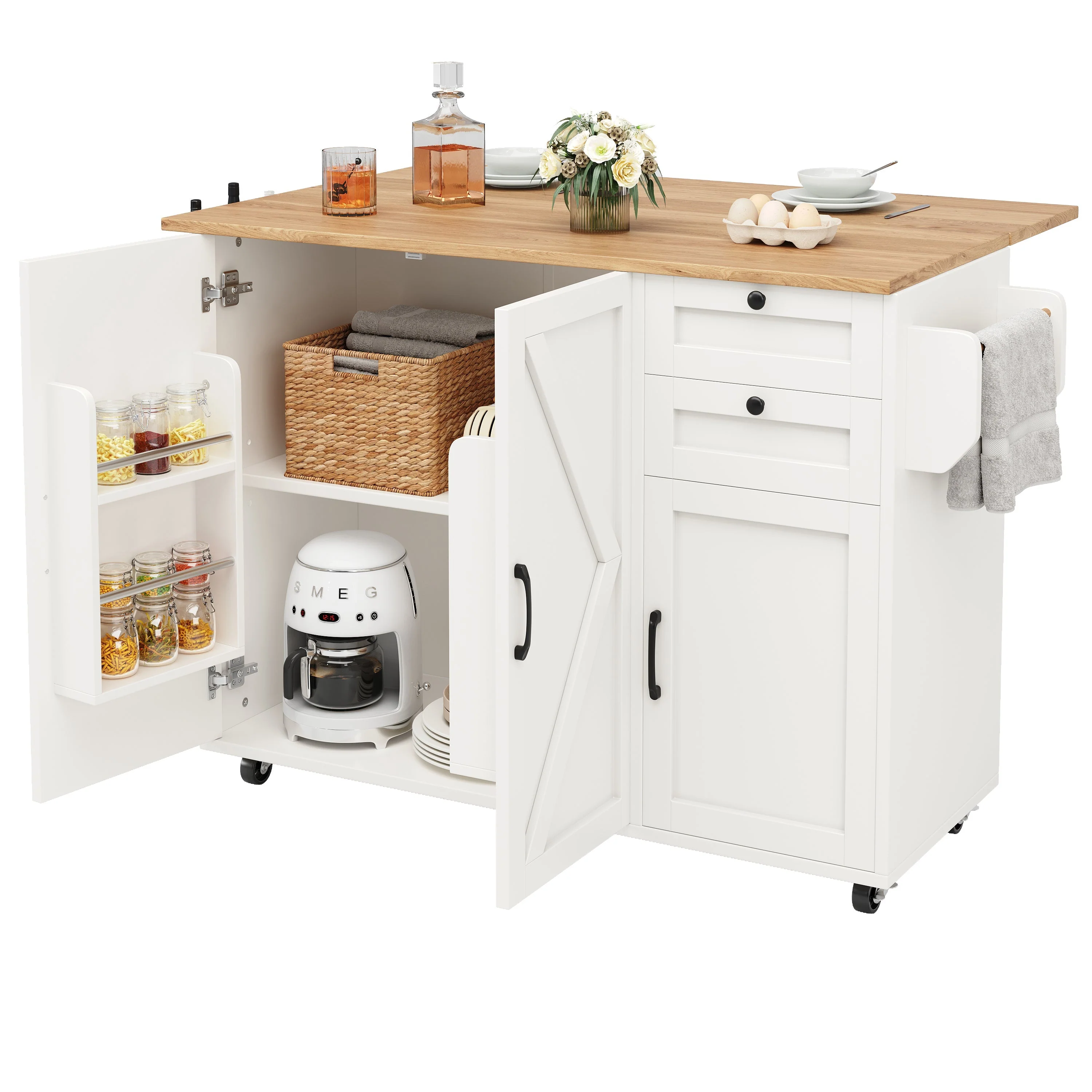Kitchen Island Sideboard Multifunctional Dining Table Storage Wood Grain - White - Image 9