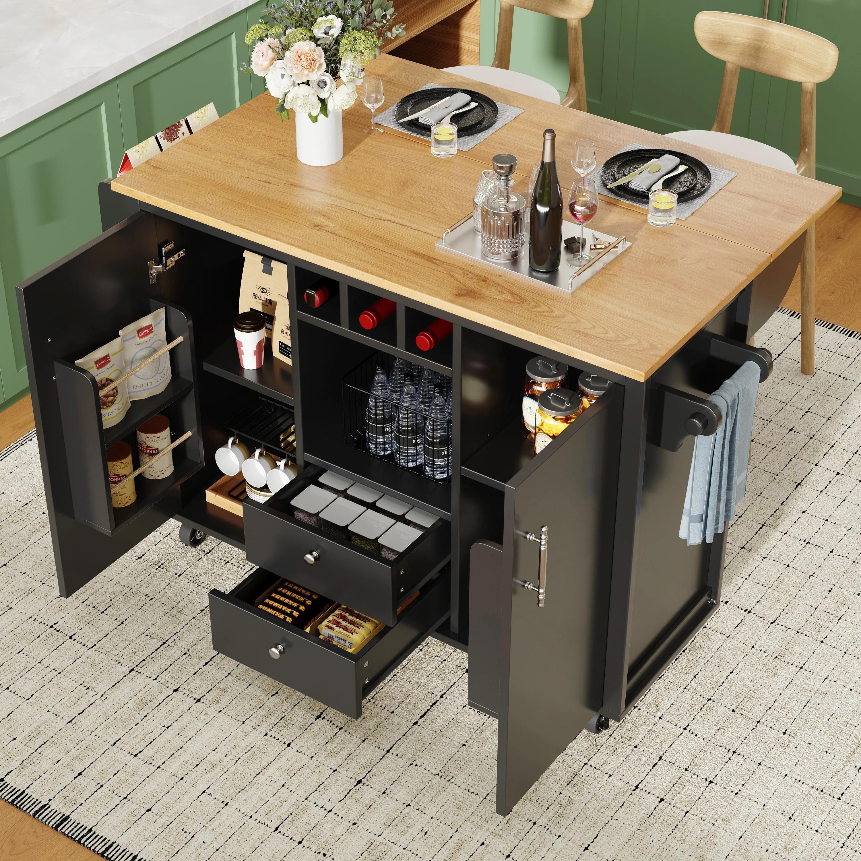 Kitchen Island Trolley 120cm Folding Worktop Wine Rack Adjustable Shelves - White/Black - Image 2