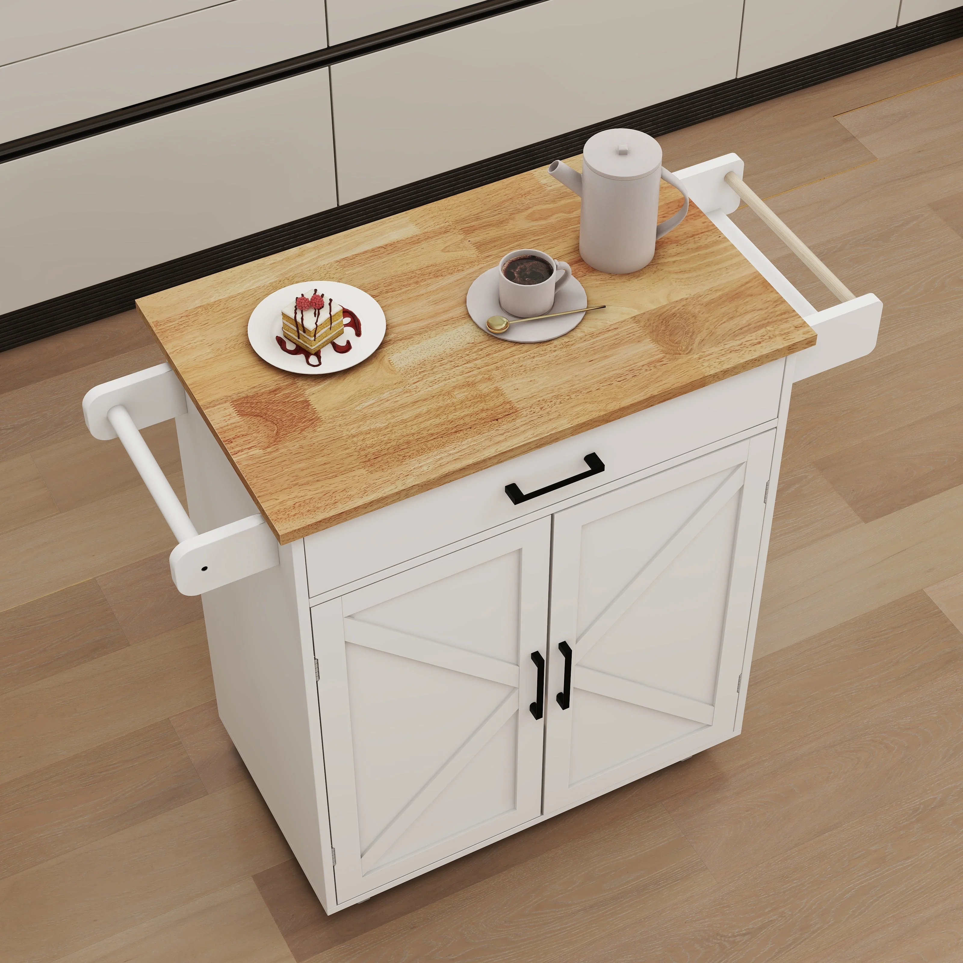 Kitchen Island Trolley Cart with Adjustable Shelves, Towel/Seasoning Racks - Rubber Wood, White - Image 4