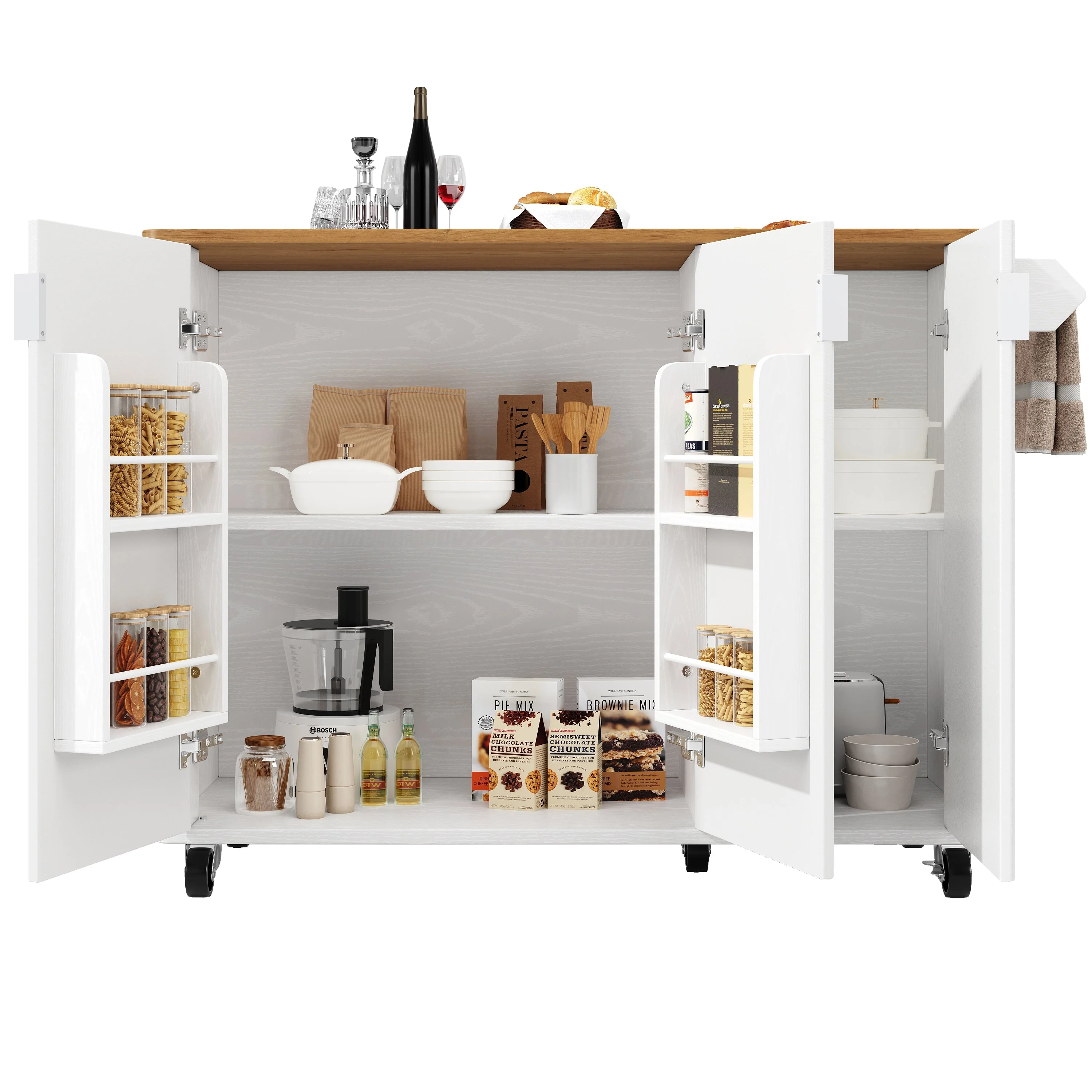 Kitchen Island Trolley Extendable on Wheels Buffet Storage Adjustable Dividers 3 Doors White/Black - Image 7