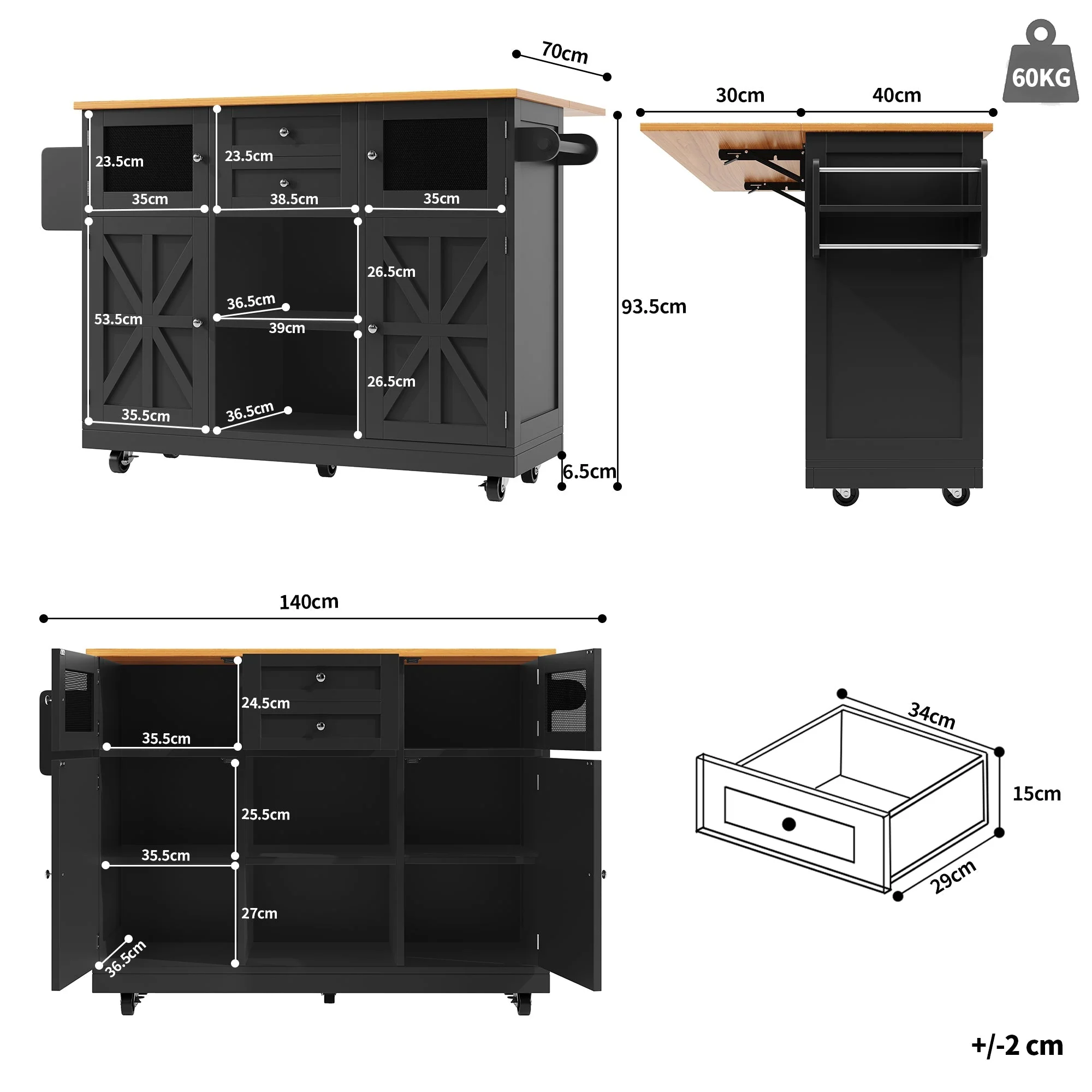Kitchen Island Trolley Sideboard with Worktop Towel Rail Adjustable Storage Black - Image 6
