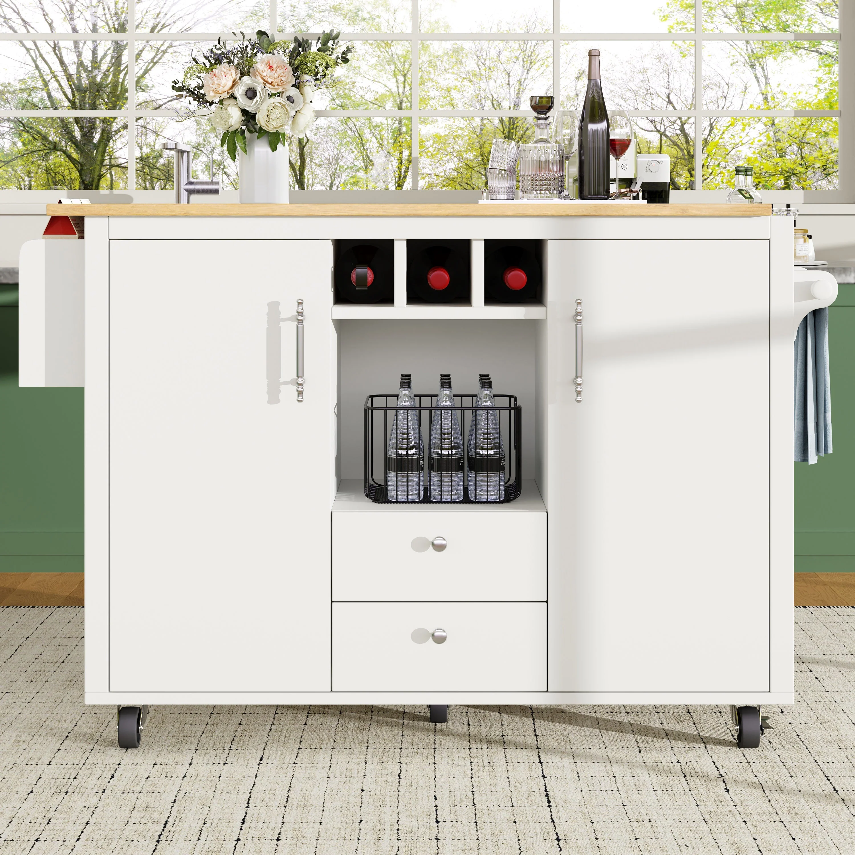 Kitchen Island Trolley with Fold-Down Worktop Storage & Adjustable Shelves - White/Black - Image 3