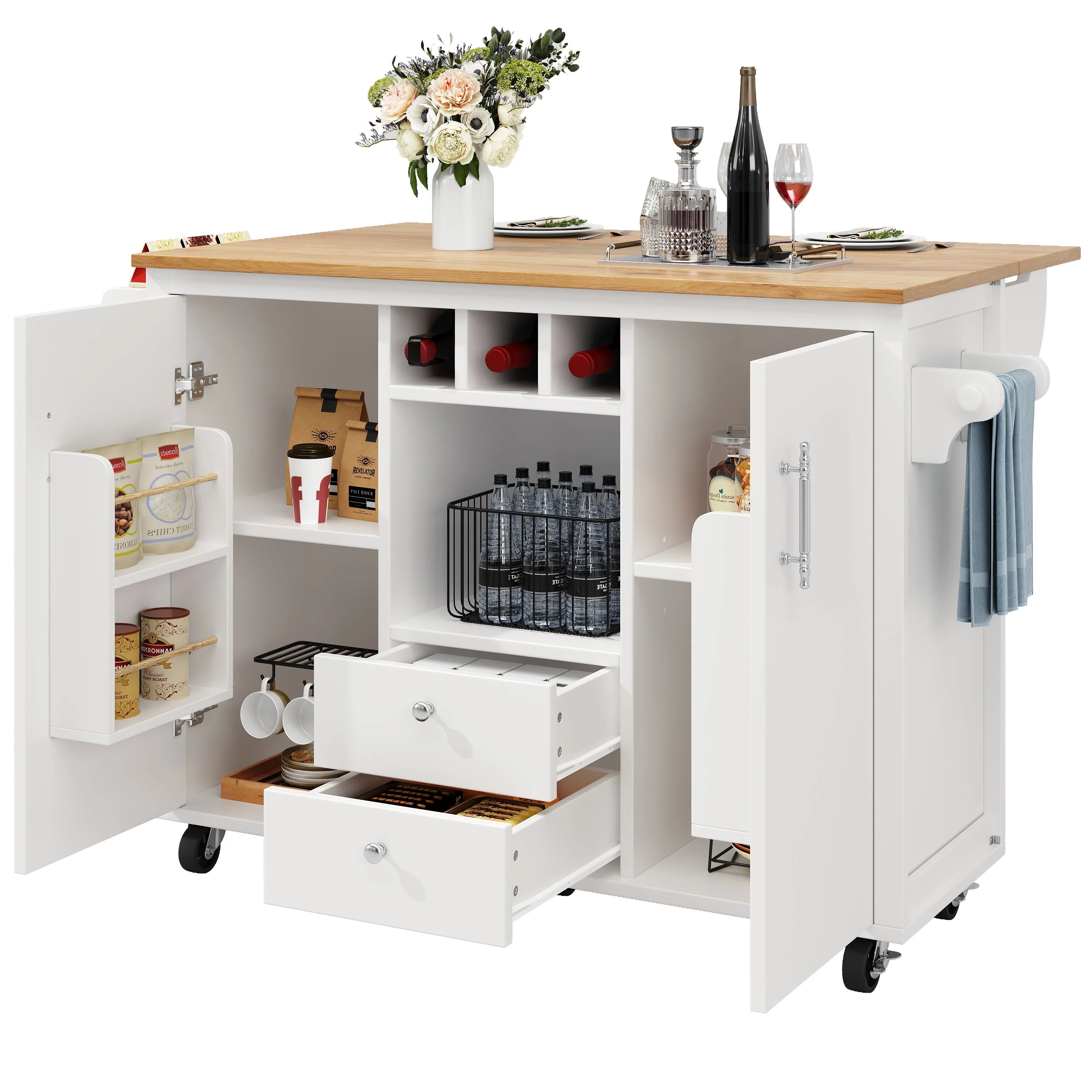 Kitchen Island Trolley with Fold-Down Worktop Storage & Adjustable Shelves - White/Black - Image 5