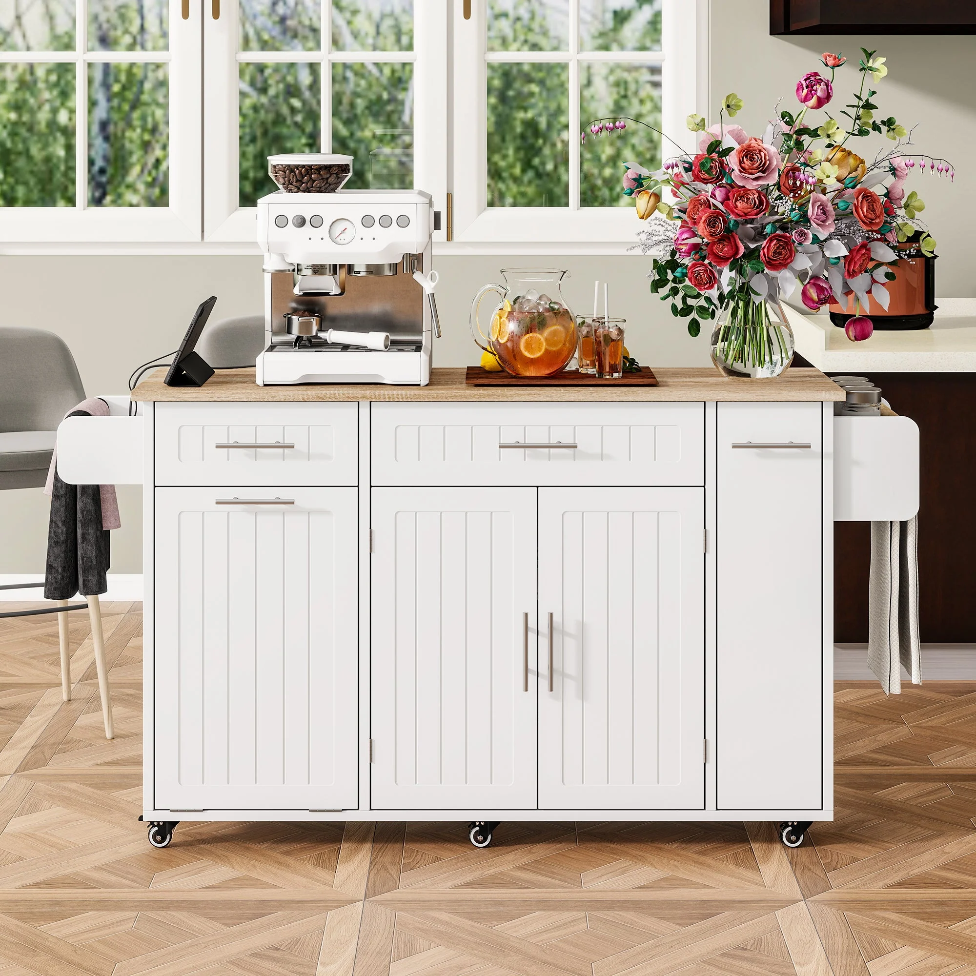 Kitchen Island Trolley with USB Port, Fold-Down Worktop & Storage, White