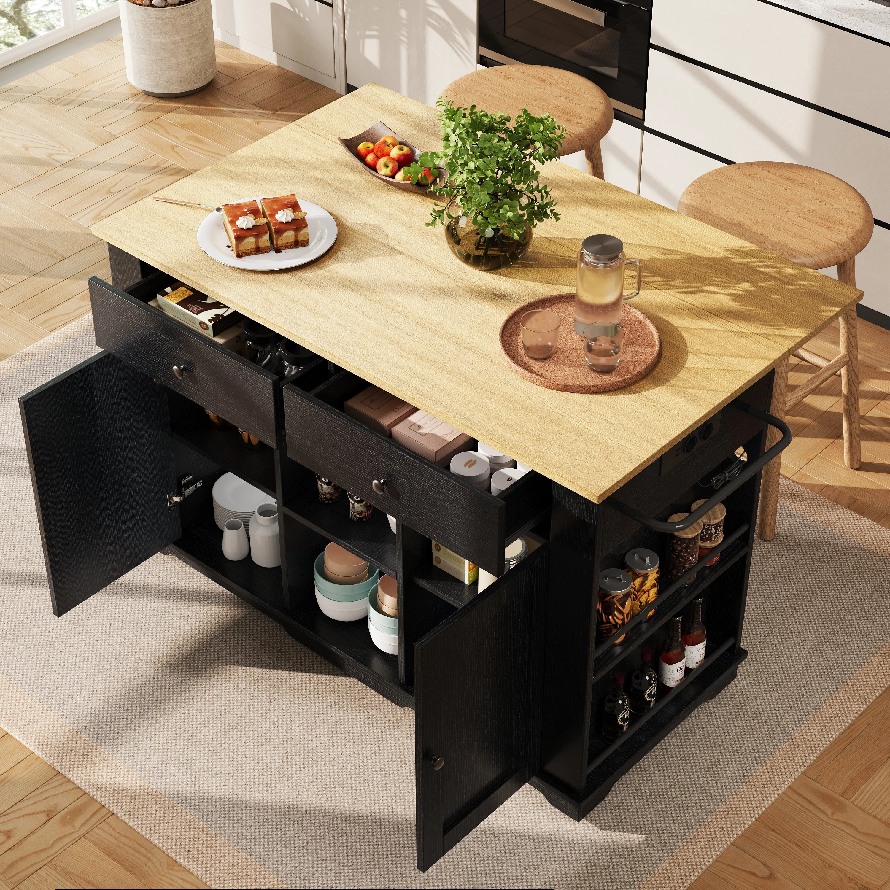 Kitchen Island Trolley Worktop Power Strip Wood Grain Storage - Black - Image 2