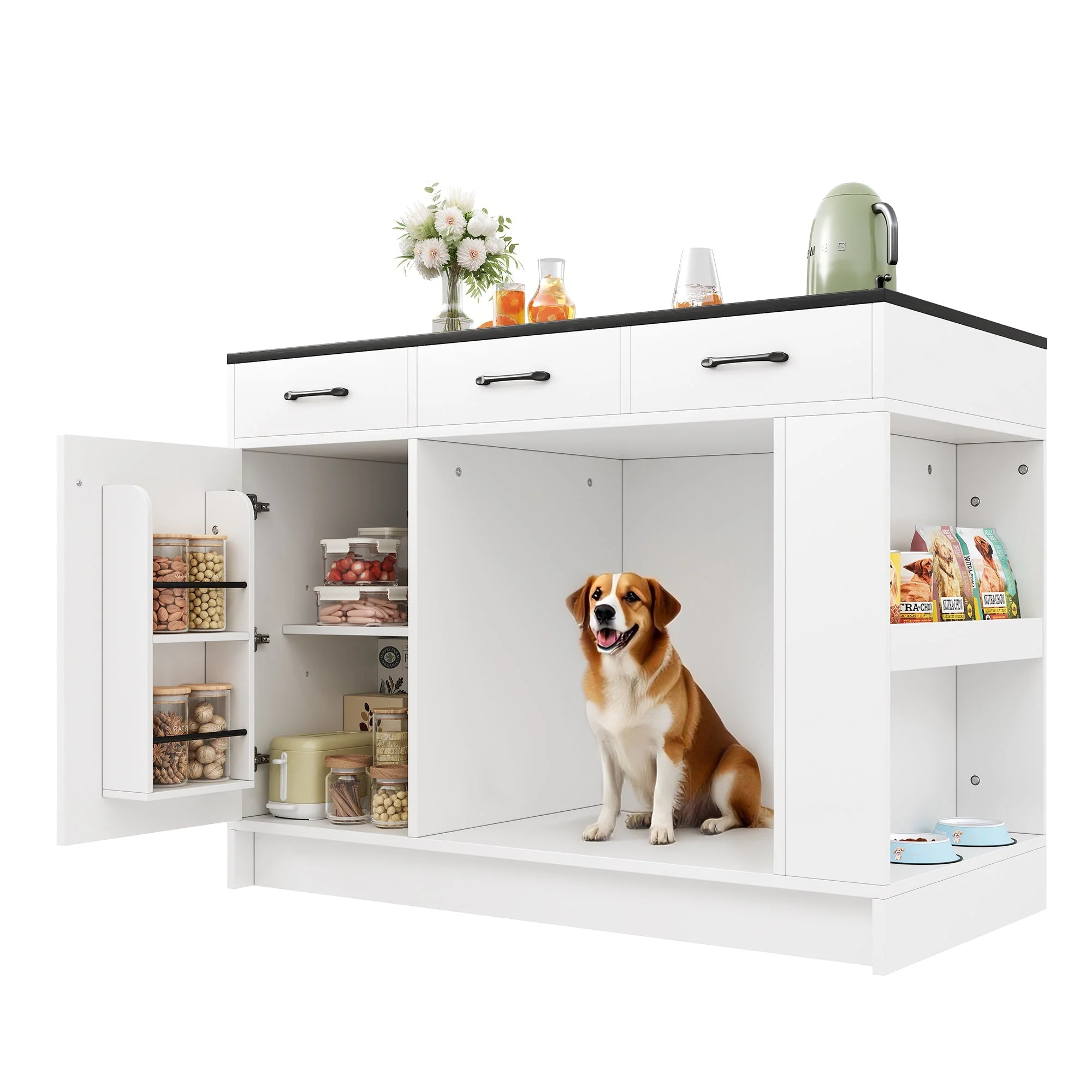 Kitchen Island with 3 Drawers Spice Rack Adjustable Shelf Pet Storage 120x60x90cm - White - Image 8
