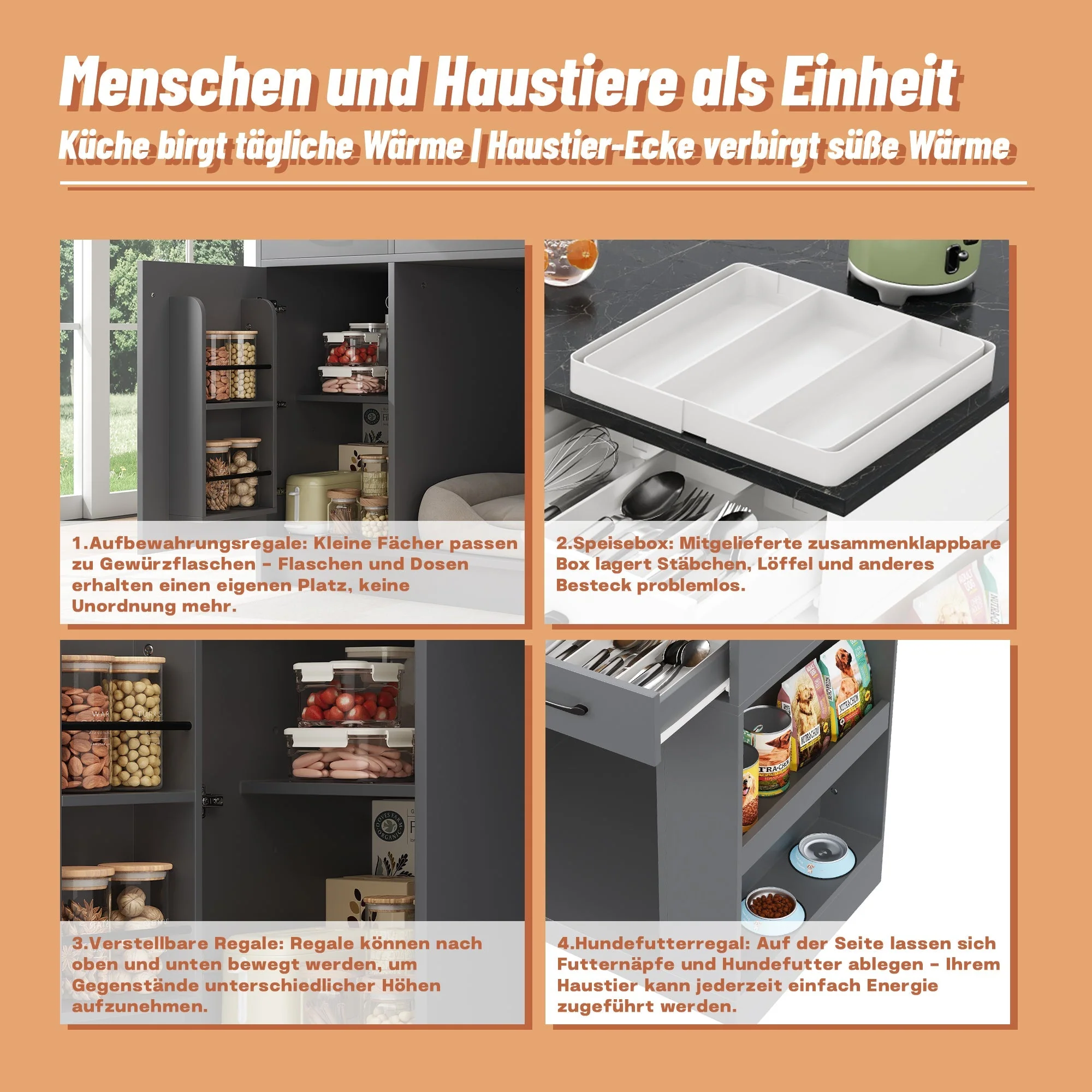 Kitchen Island with 3 Drawers, Spice Rack and Pet Storage Area, Grey - Image 10