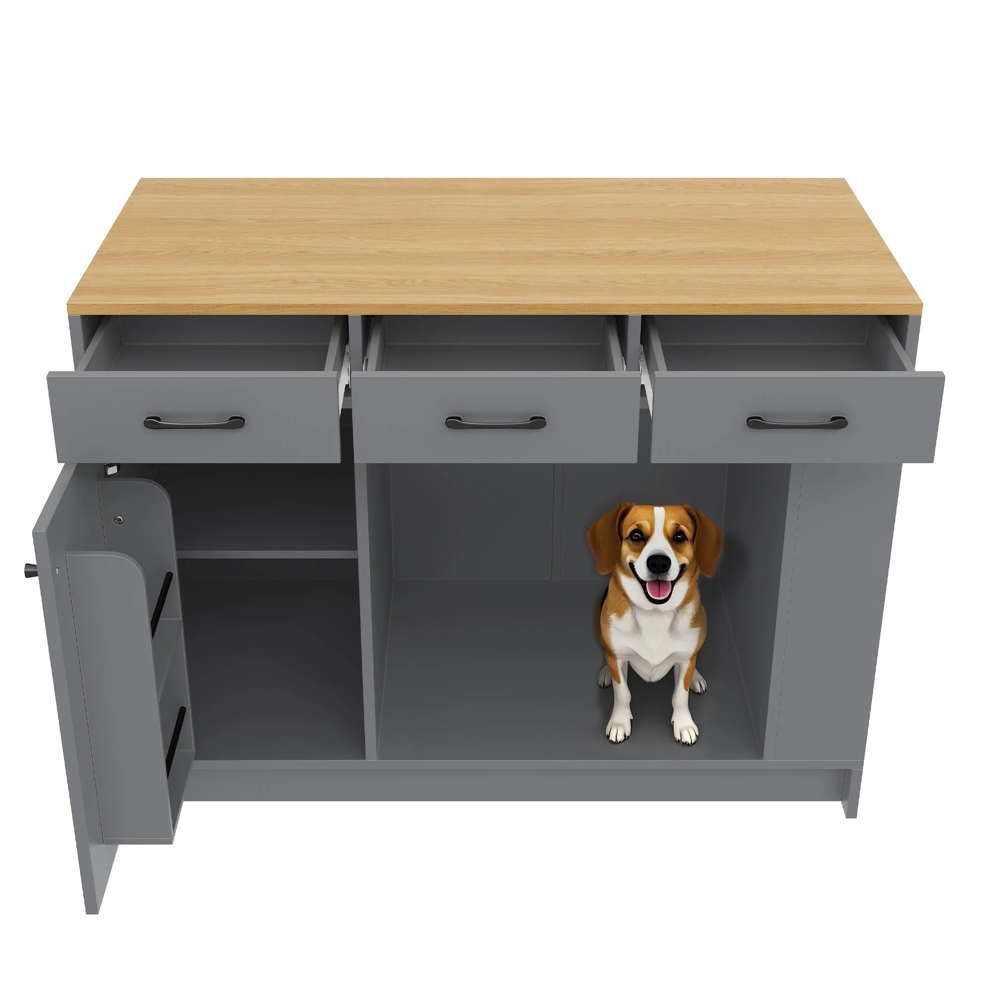 Kitchen Island with 3 Drawers, Spice Rack and Pet Storage Area, Grey - Image 8