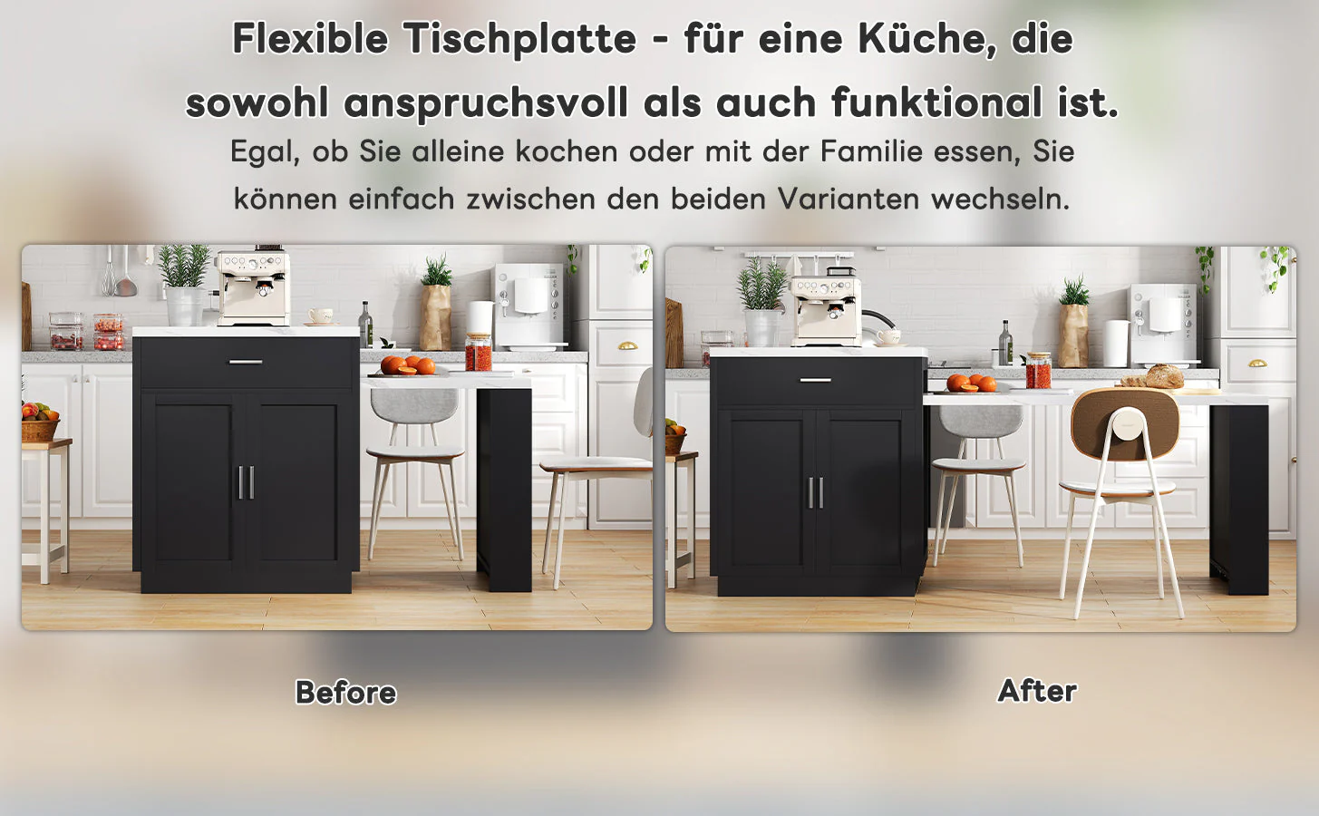 Kitchen Island with Extendable Dining Table for 4-6 People, Power Outlet and Storage Drawers, Black and White Marble Look - Image 10