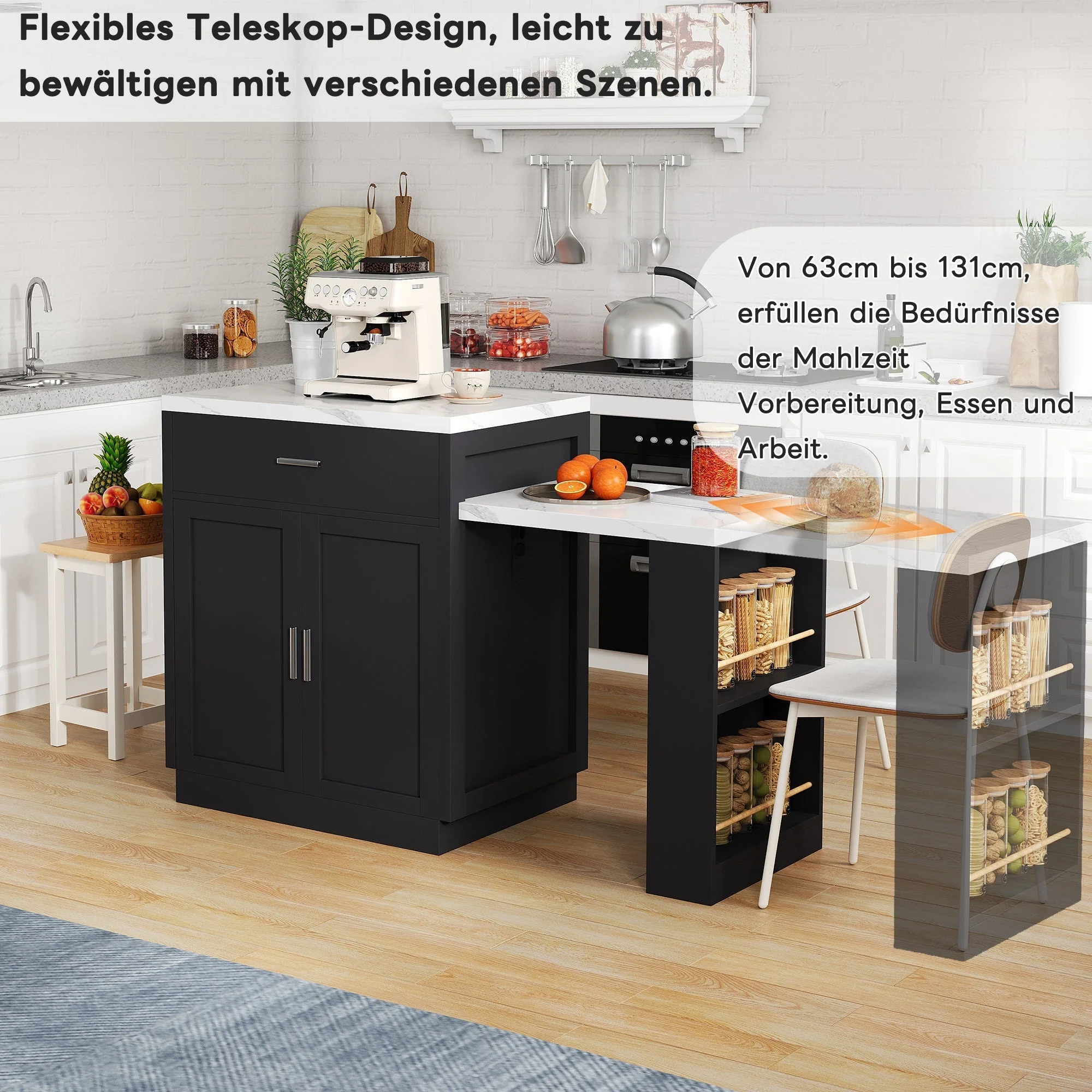 Kitchen Island with Extendable Dining Table for 4-6 People, Power Outlet and Storage Drawers, Black and White Marble Look - Image 4