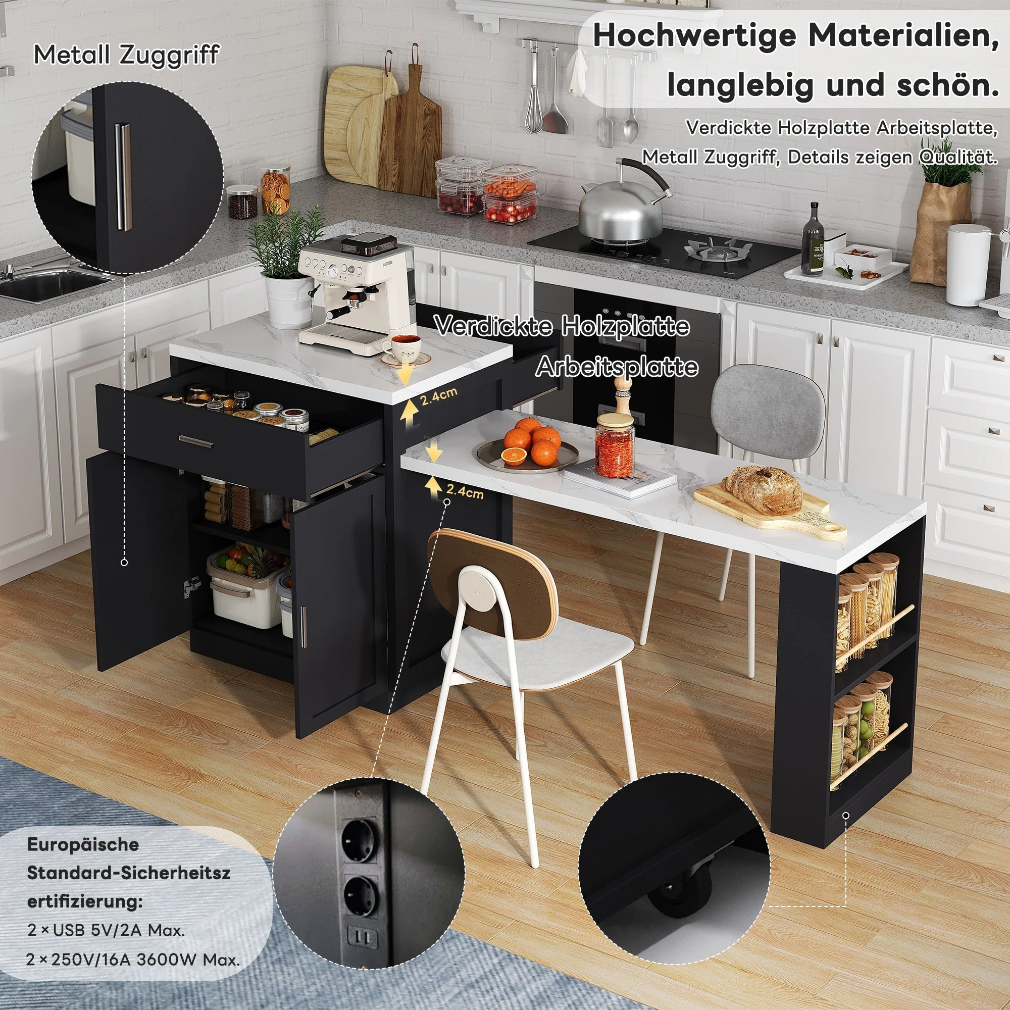 Kitchen Island with Extendable Dining Table for 4-6 People, Power Outlet and Storage Drawers, Black and White Marble Look - Image 6