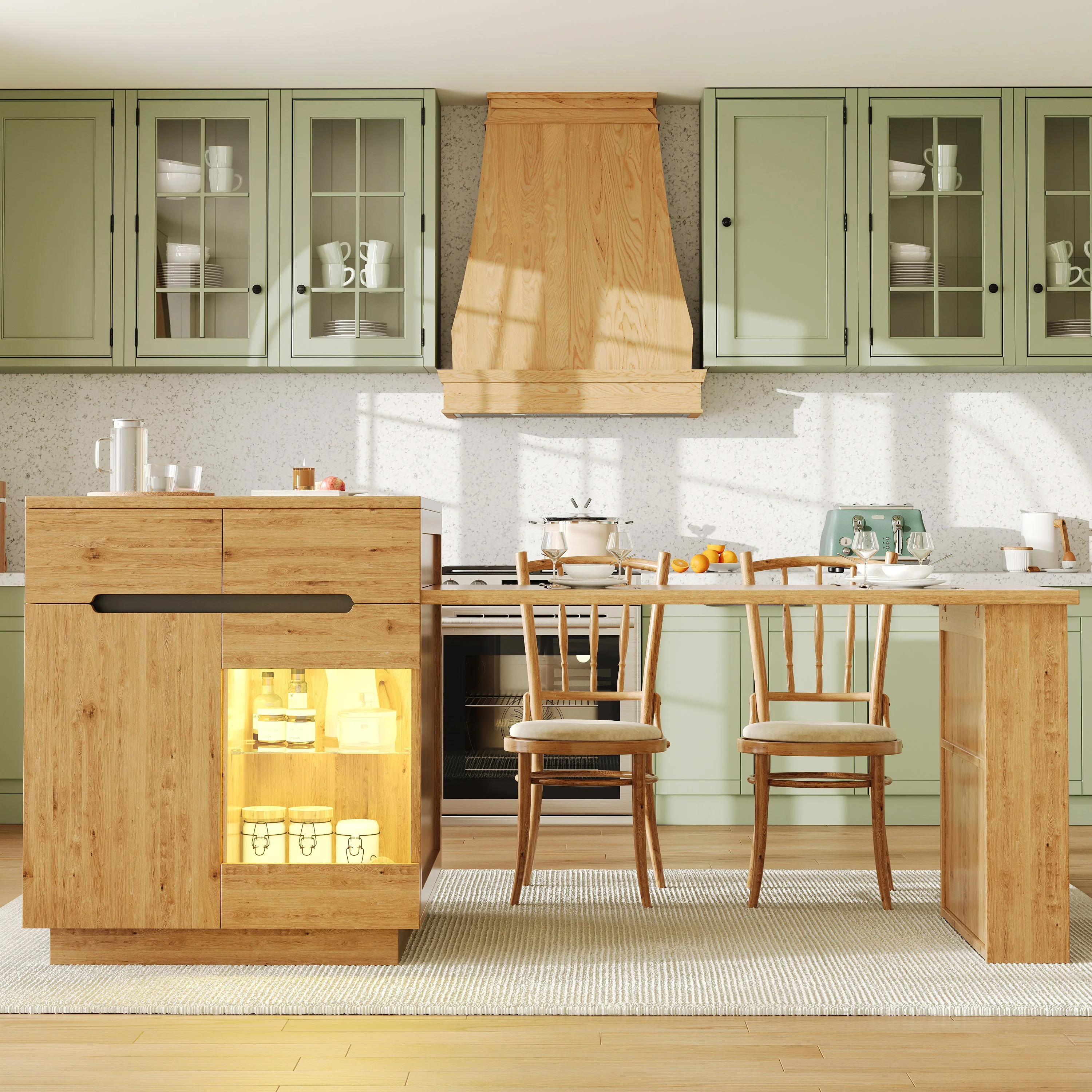 Kitchen Island with Extendable Table, Multifunctional Cabinet with LED Lighting and Drawers, Oak Look - Image 5