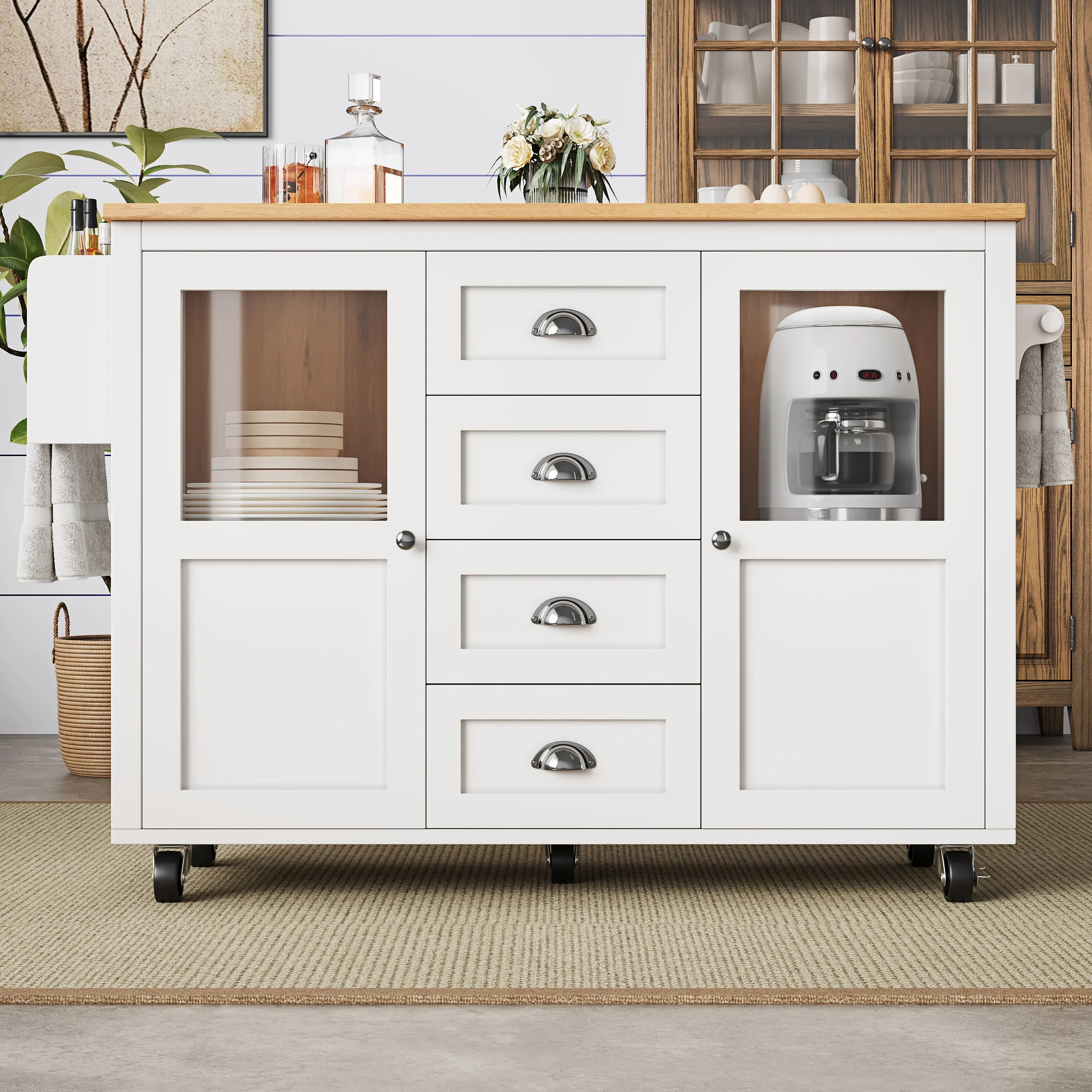 Kitchen Island with Extendable Trolley and Storage Drawers, White/Black - Image 3