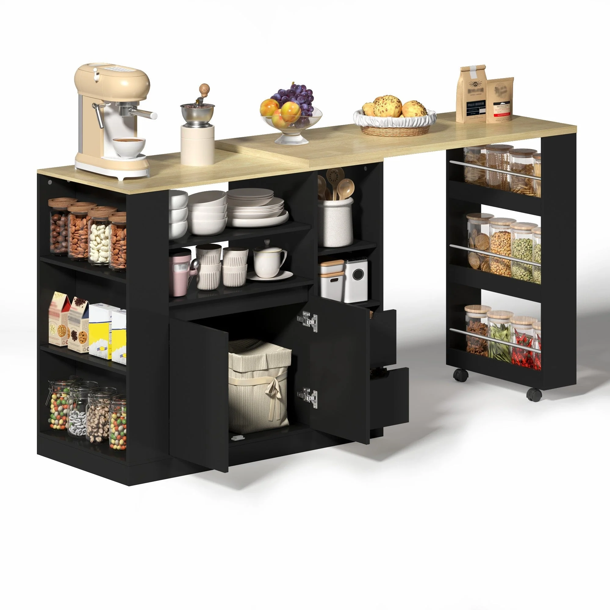 Kitchen Island with Extendable Worktop and Storage Drawers, Wood Look - Image 10
