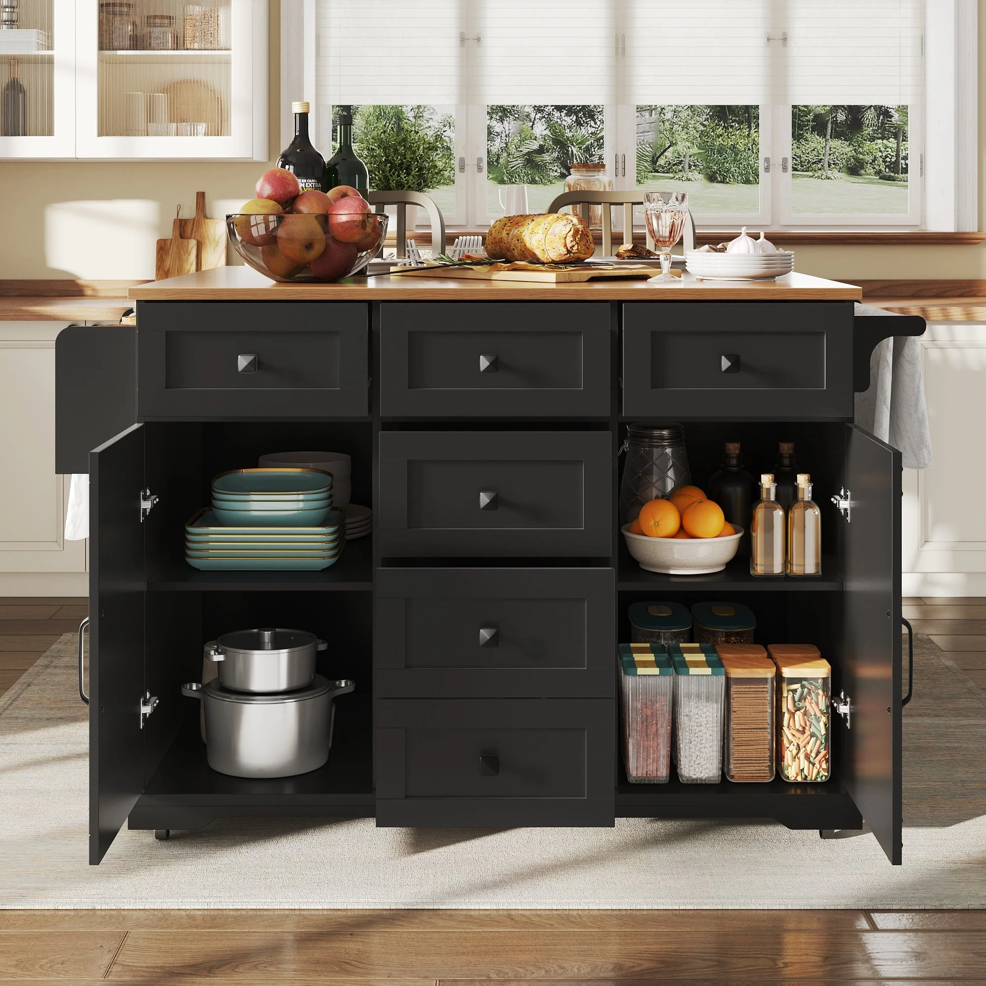 Kitchen Island with Multifunctional Serving Trolley and Large Storage Space, Black Wood Grain - Image 6