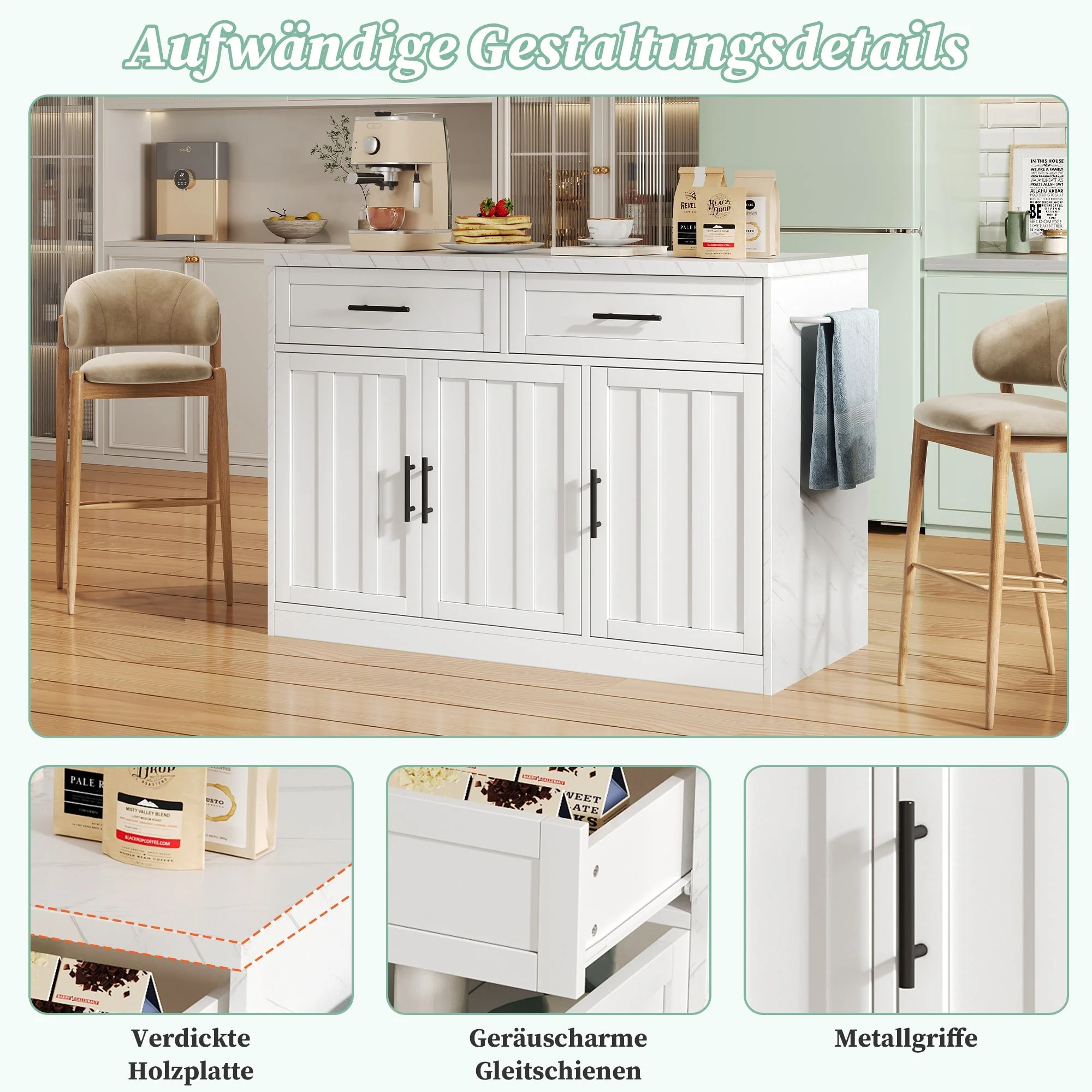 Kitchen Island with Power Outlets USB Adjustable Shelves, White - Image 4